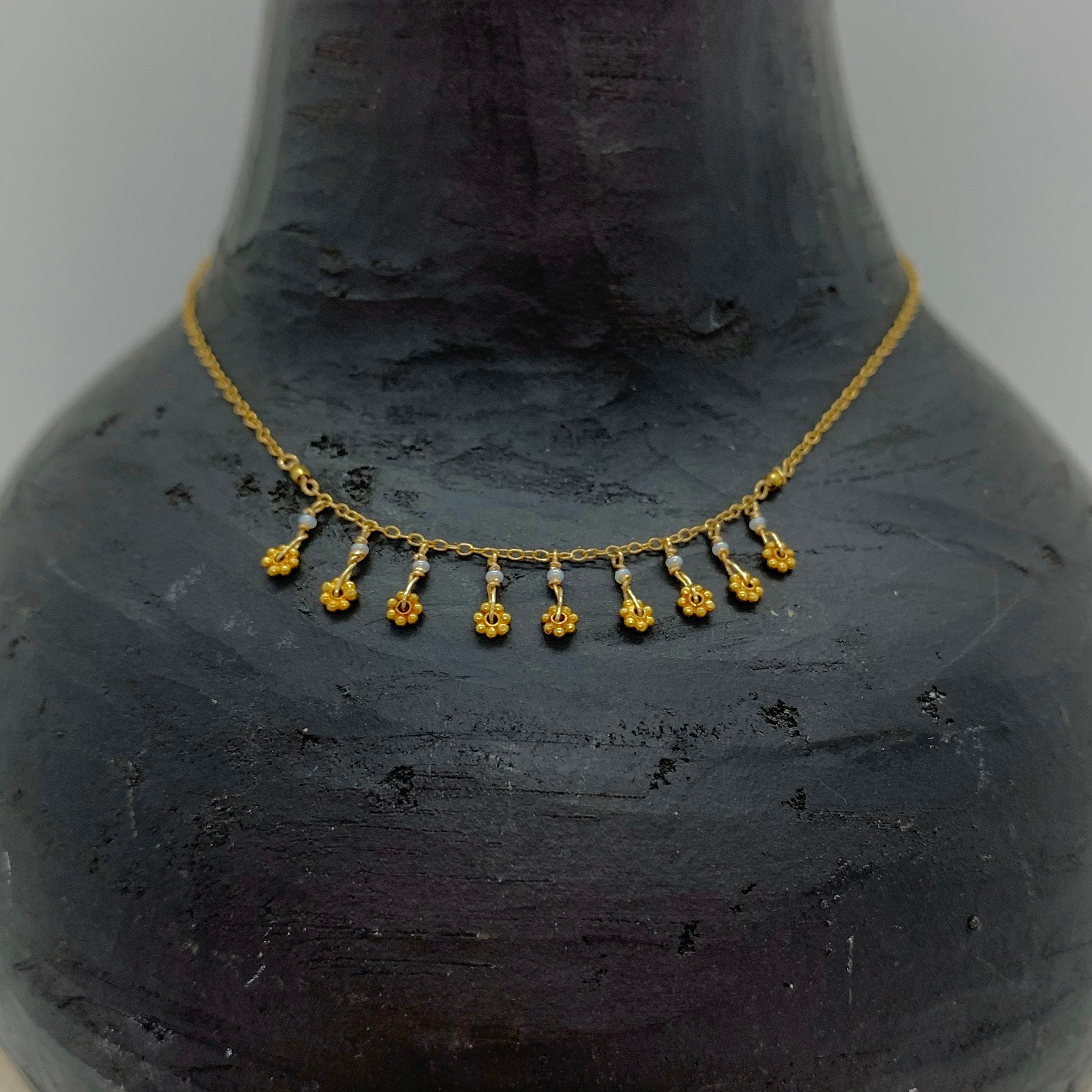 14k Gold Chain Necklace w/ 18k Gold Daisies, 18k Gold Nuggets & Antique Italian Beads