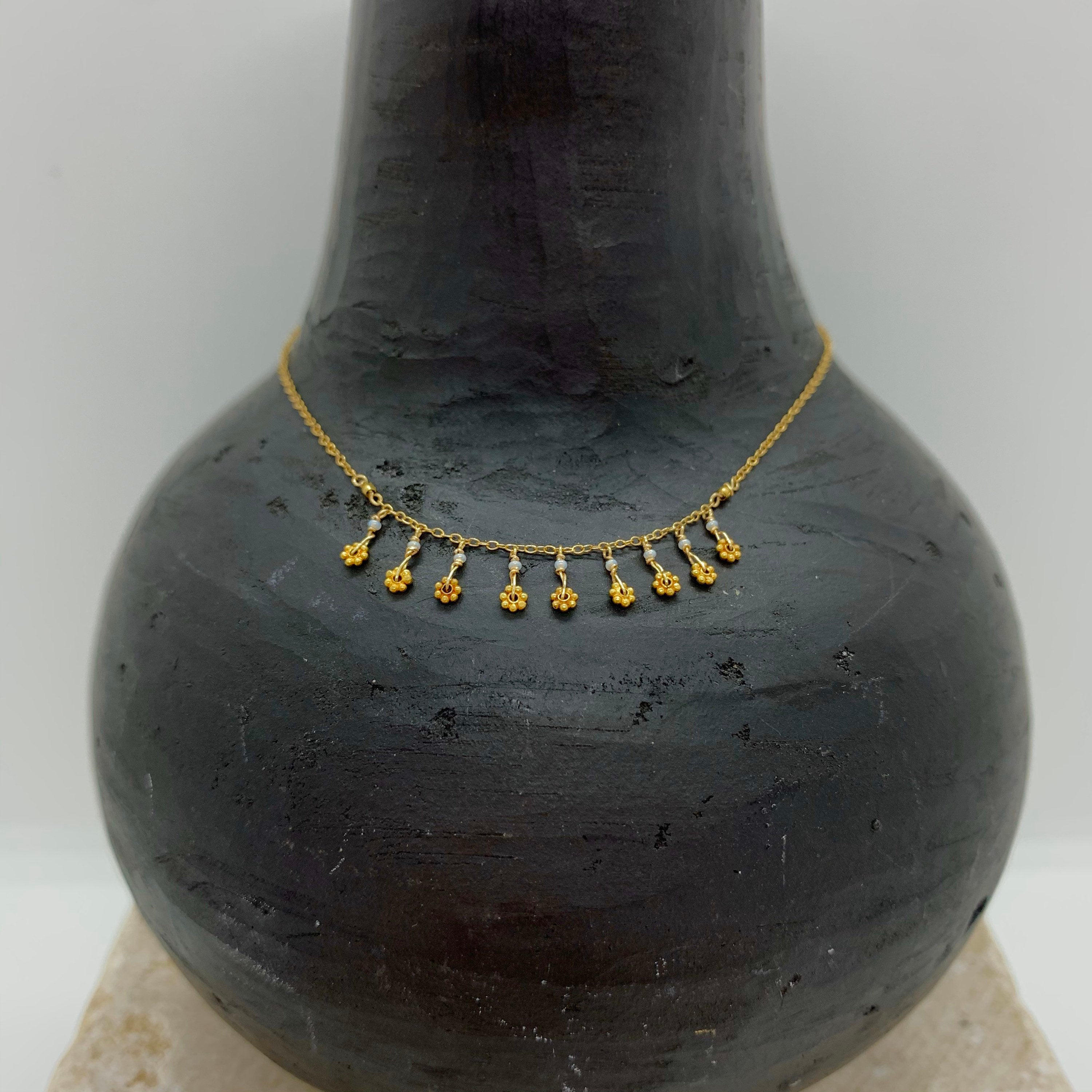 14k Gold Chain Necklace w/ 18k Gold Daisies, 18k Gold Nuggets & Antique Italian Beads