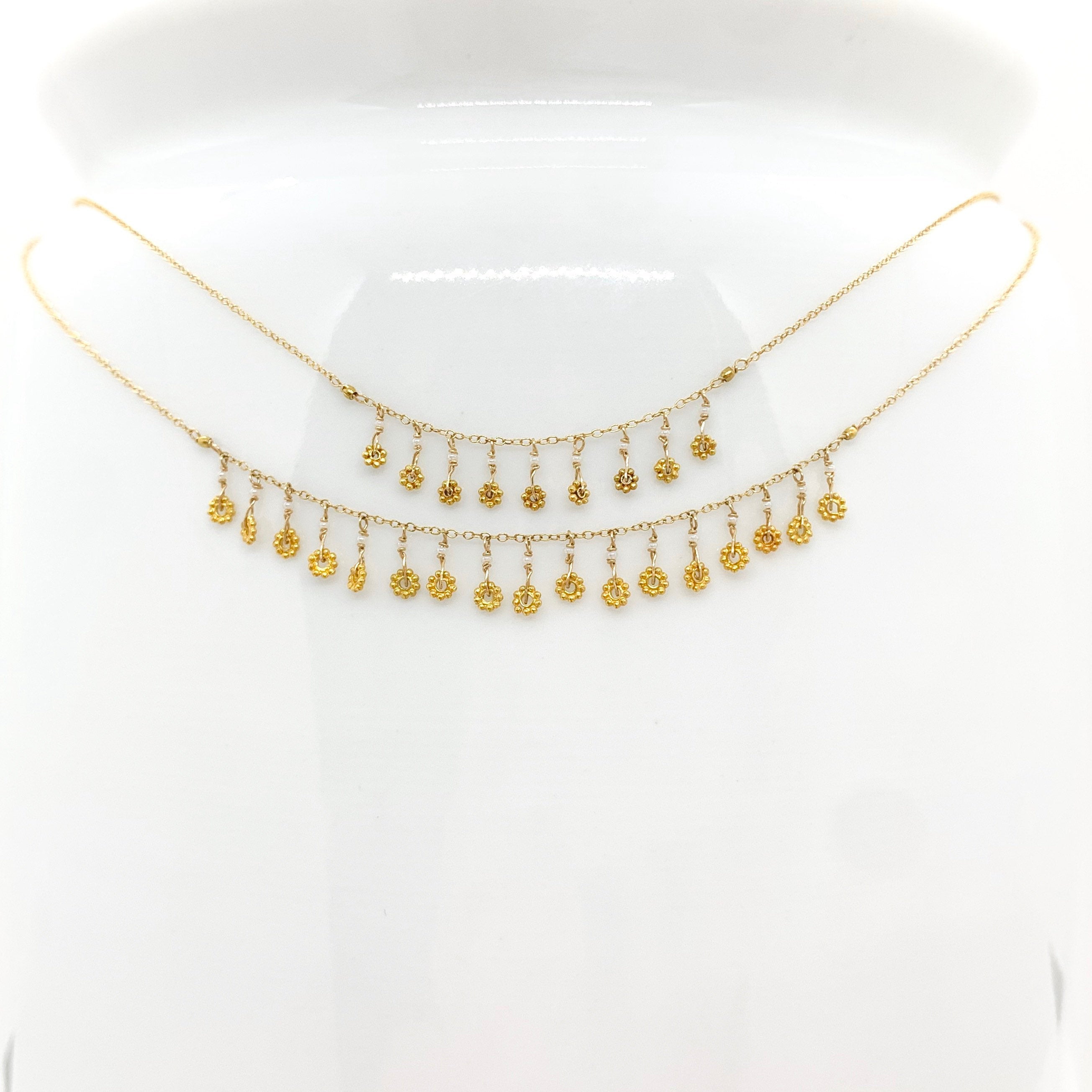 14k Gold Chain Necklace w/ 18k Gold Daisies, 18k Gold Nuggets & Antique Italian Beads