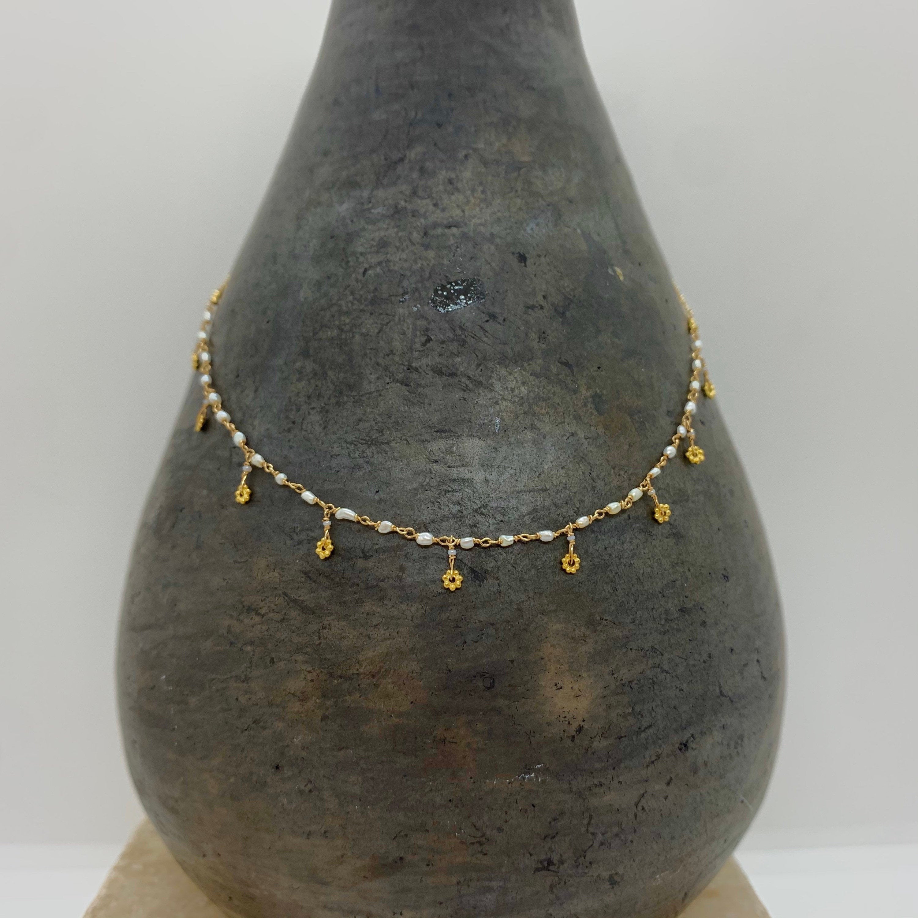 14k Gold Chain Necklace w/ Keshi Pearls, 18k Gold Daisies, 18k Gold Nuggets & Antique Italian Beads
