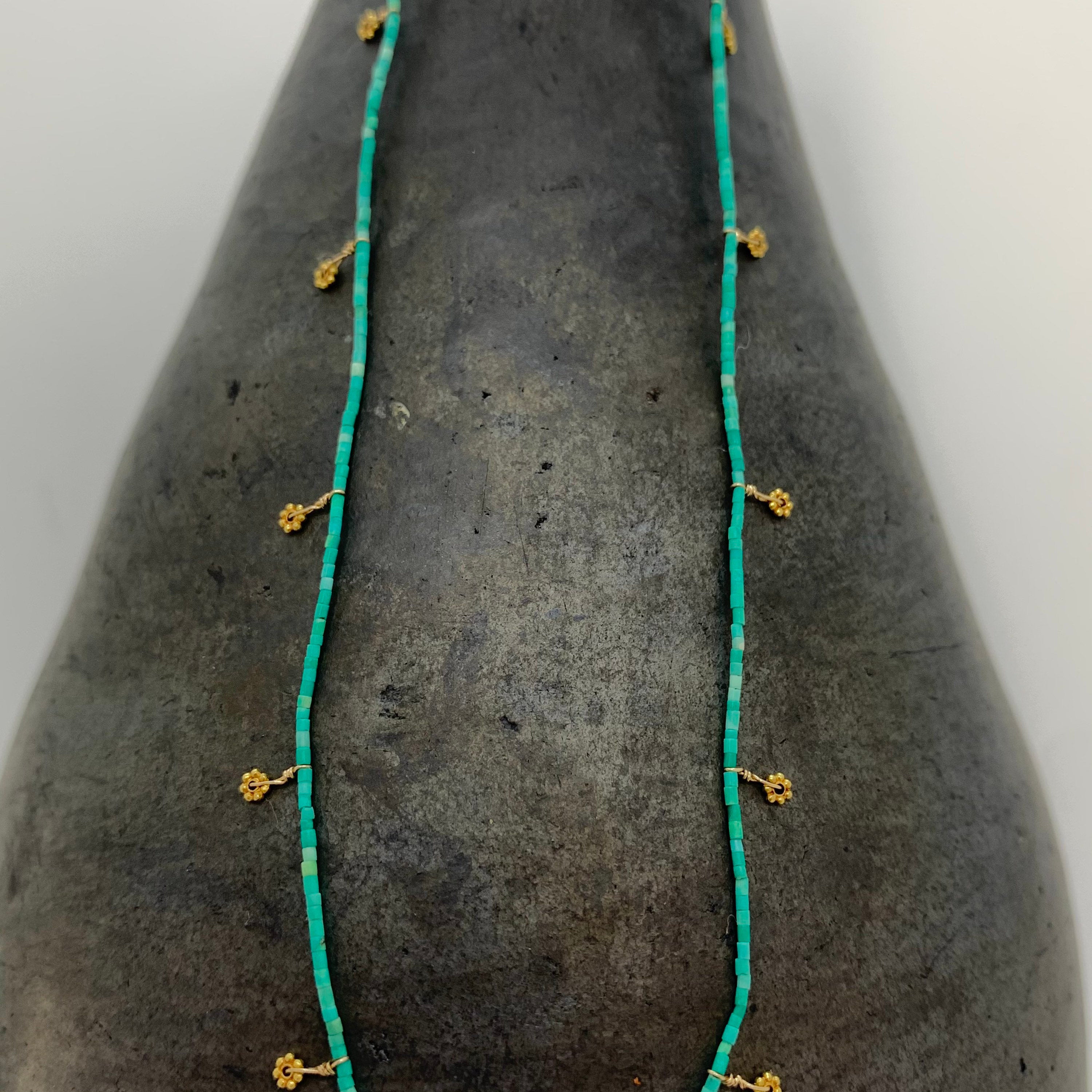 String Beaded Necklace w/ Turquoise & 18k Gold Daisies