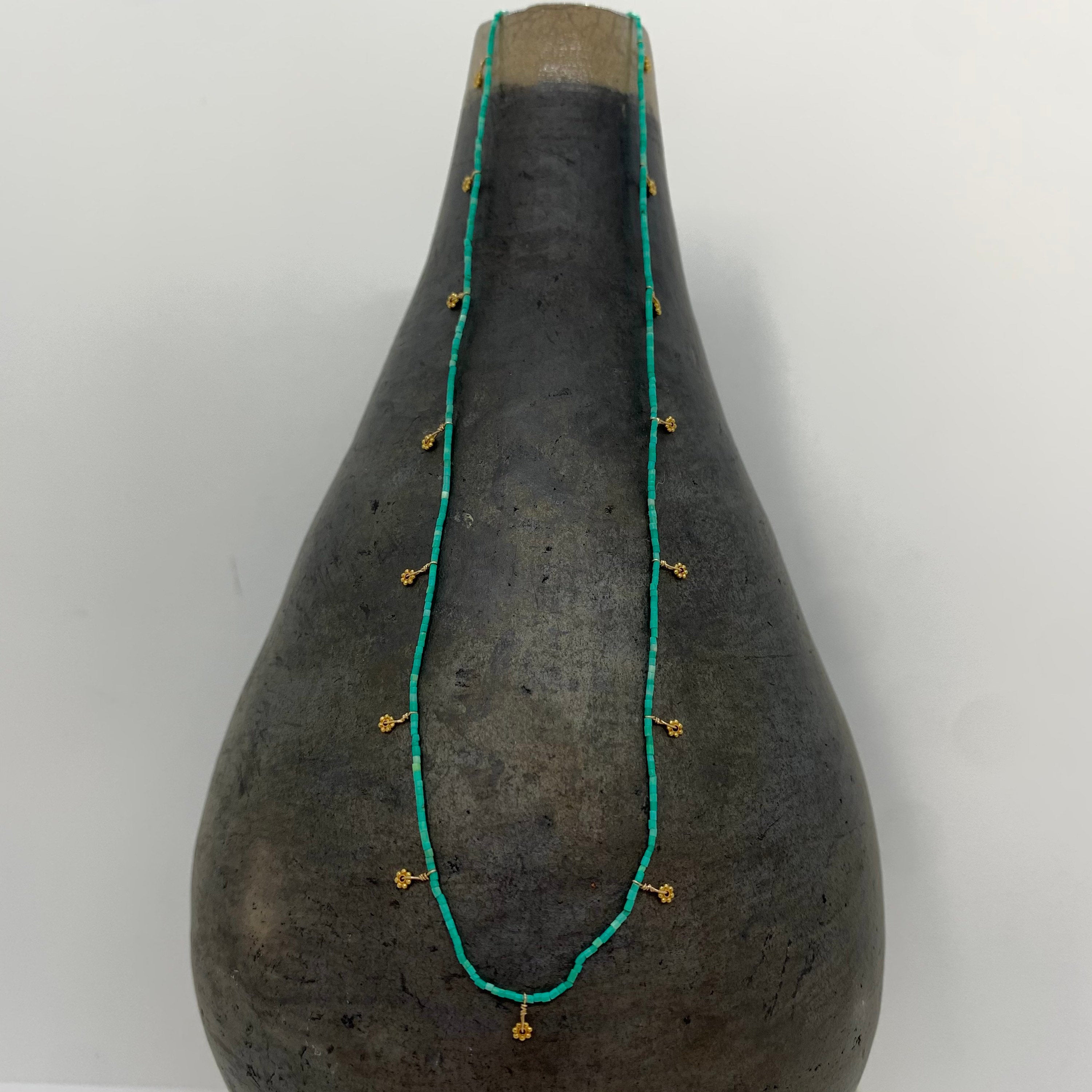 String Beaded Necklace w/ Turquoise & 18k Gold Daisies