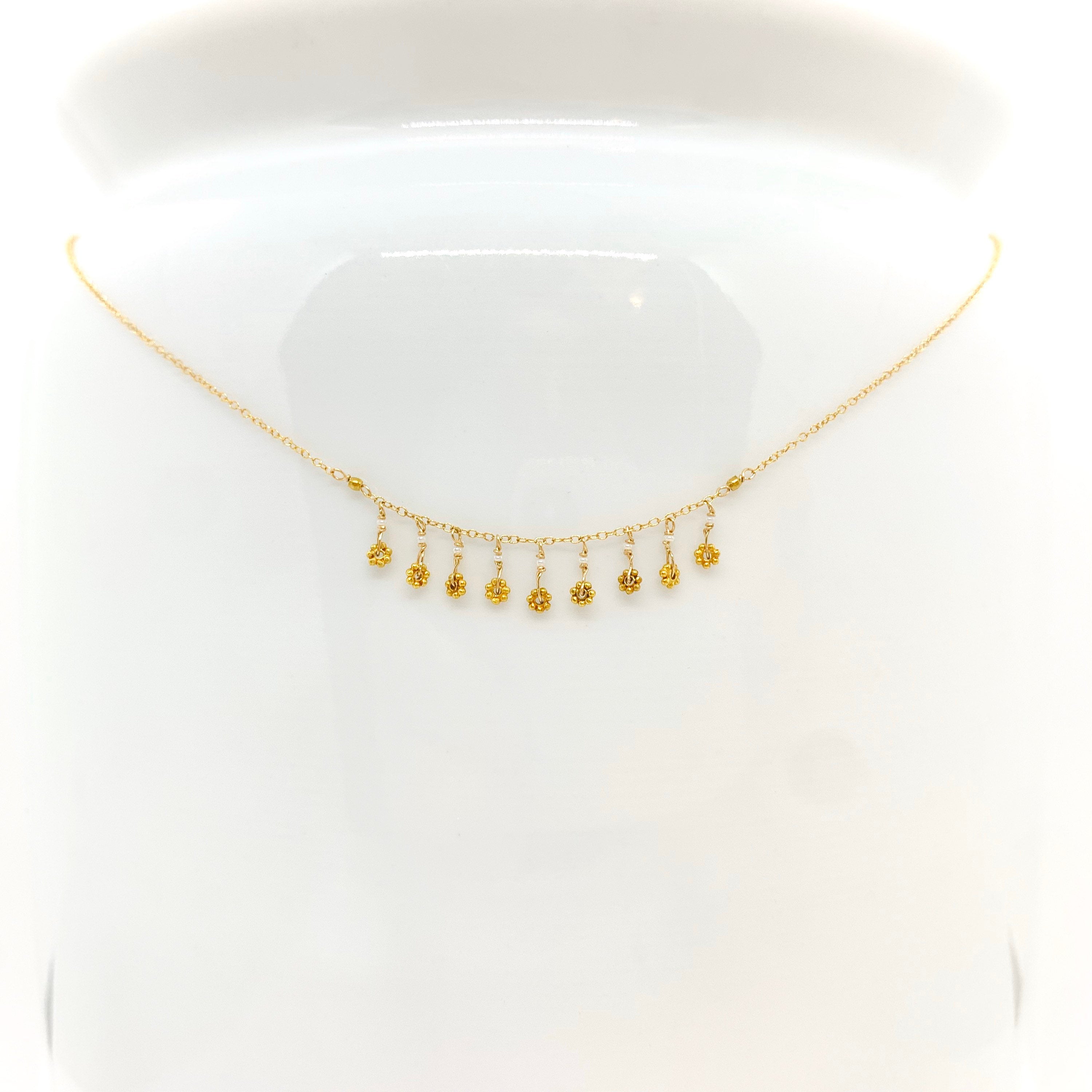 14k Gold Chain Necklace w/ 18k Gold Daisies, 18k Gold Nuggets & Antique Italian Beads