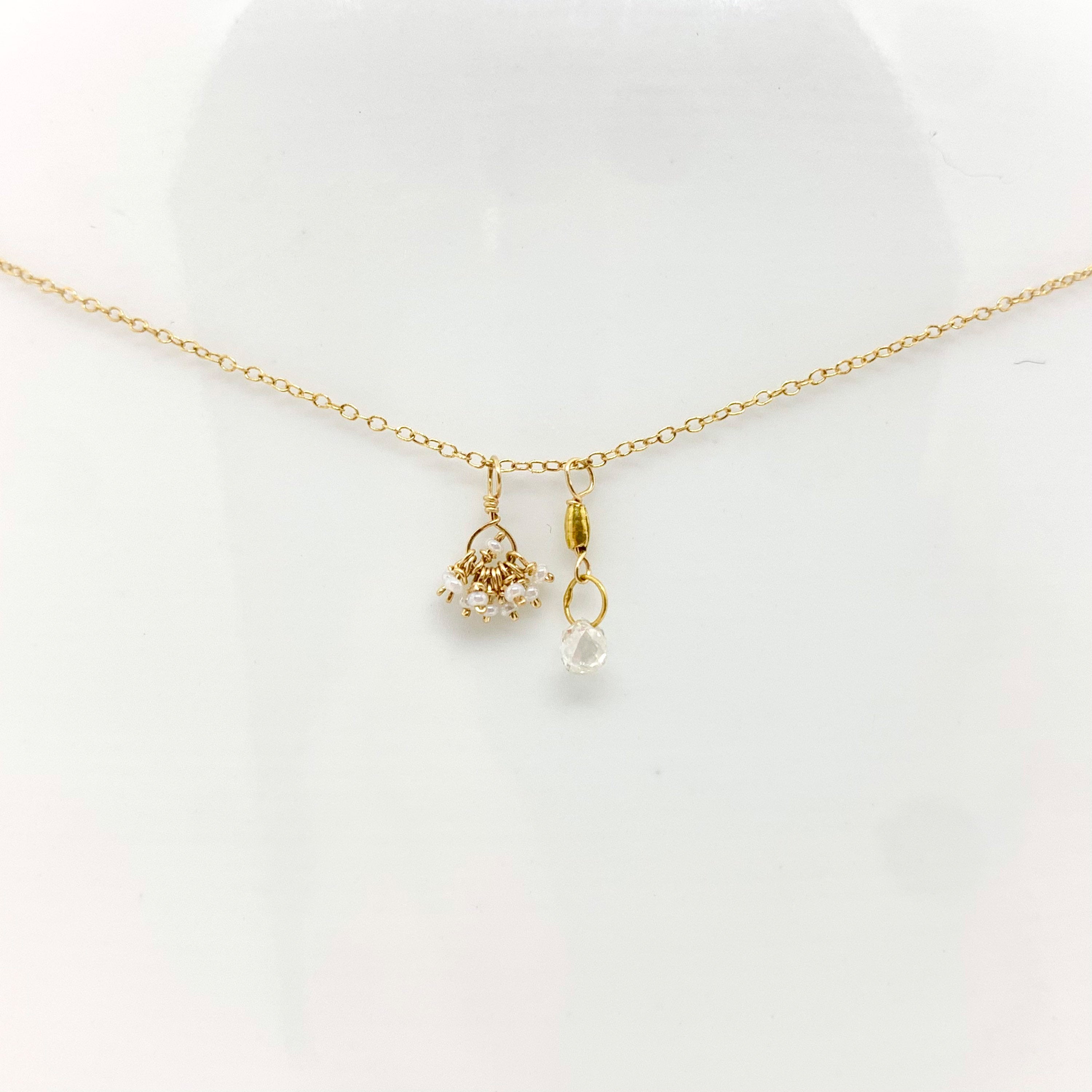 14k Gold Chain Necklace w/ Diamond, 18k Gold Nugget & Antique Italian Beads