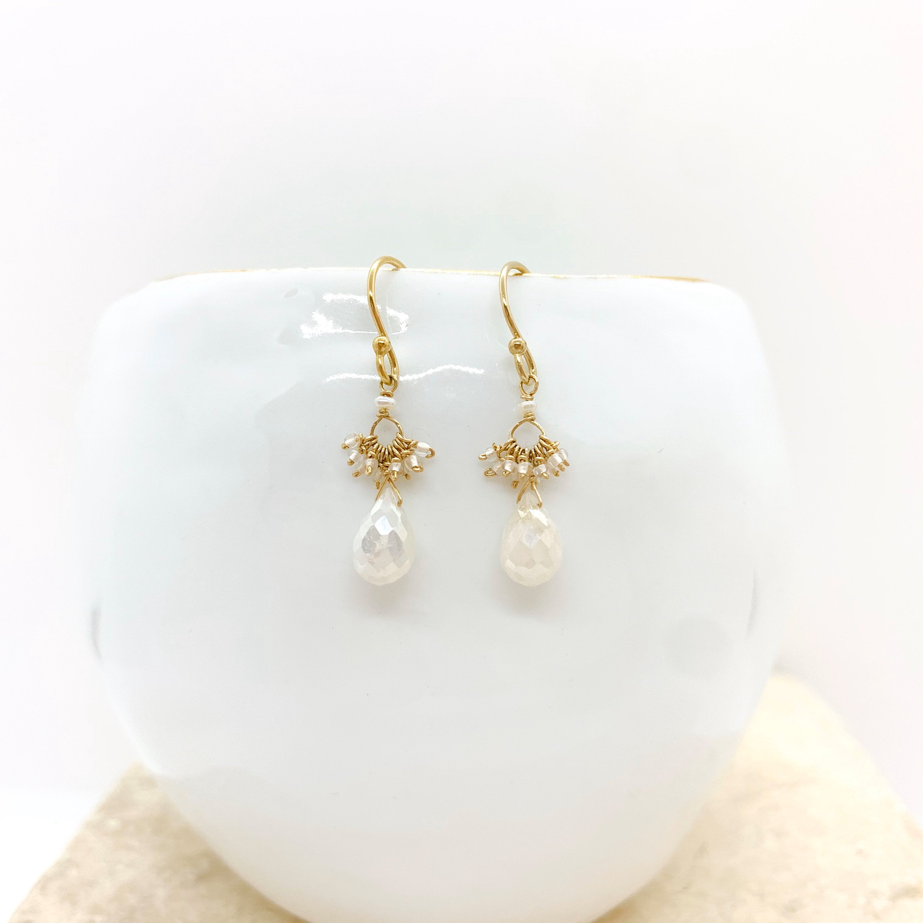 14k Gold Earrings w/ Mystic Corundum, Antique Italian Beads & Freshwater Pearl
