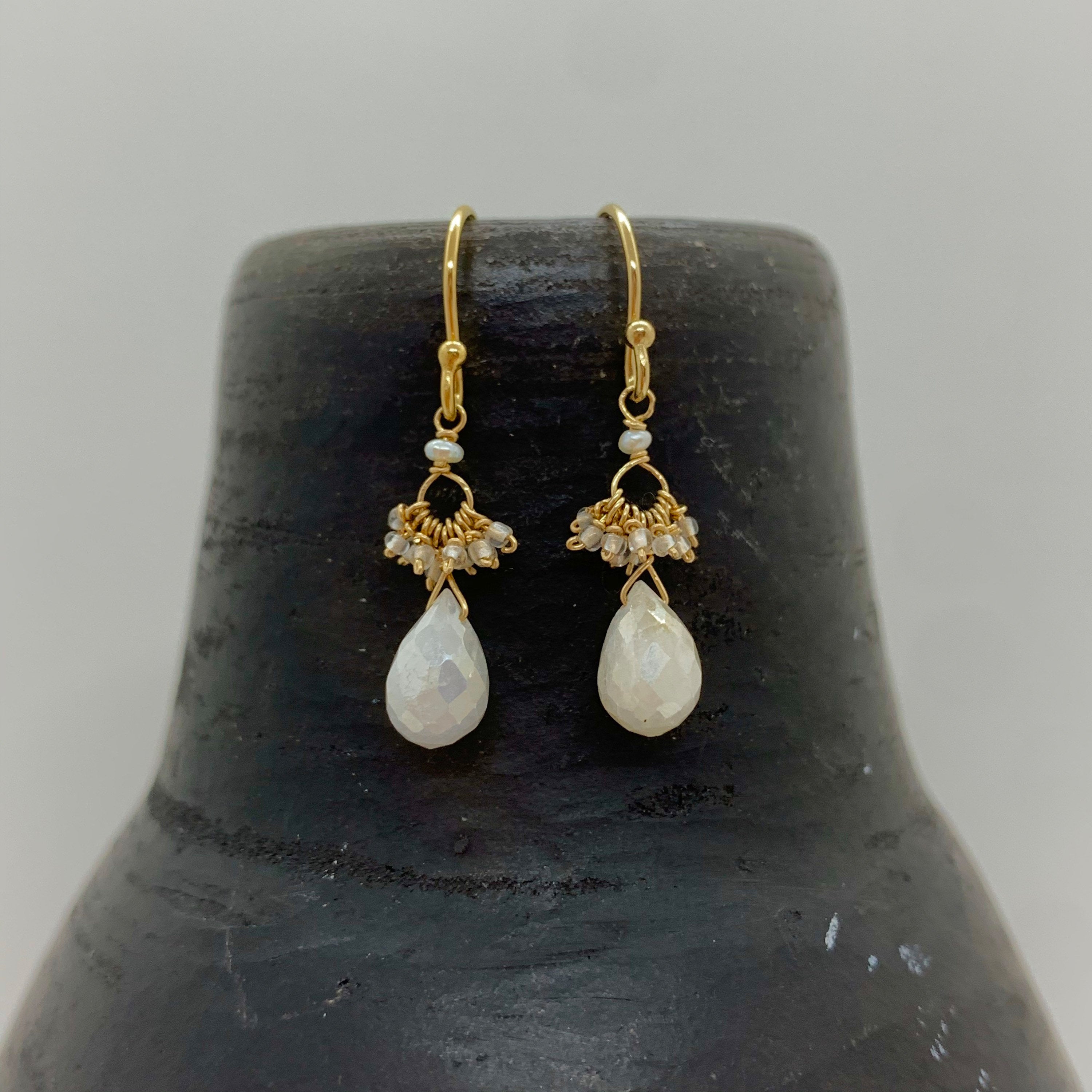 14k Gold Earrings w/ Mystic Corundum, Antique Italian Beads & Freshwater Pearl