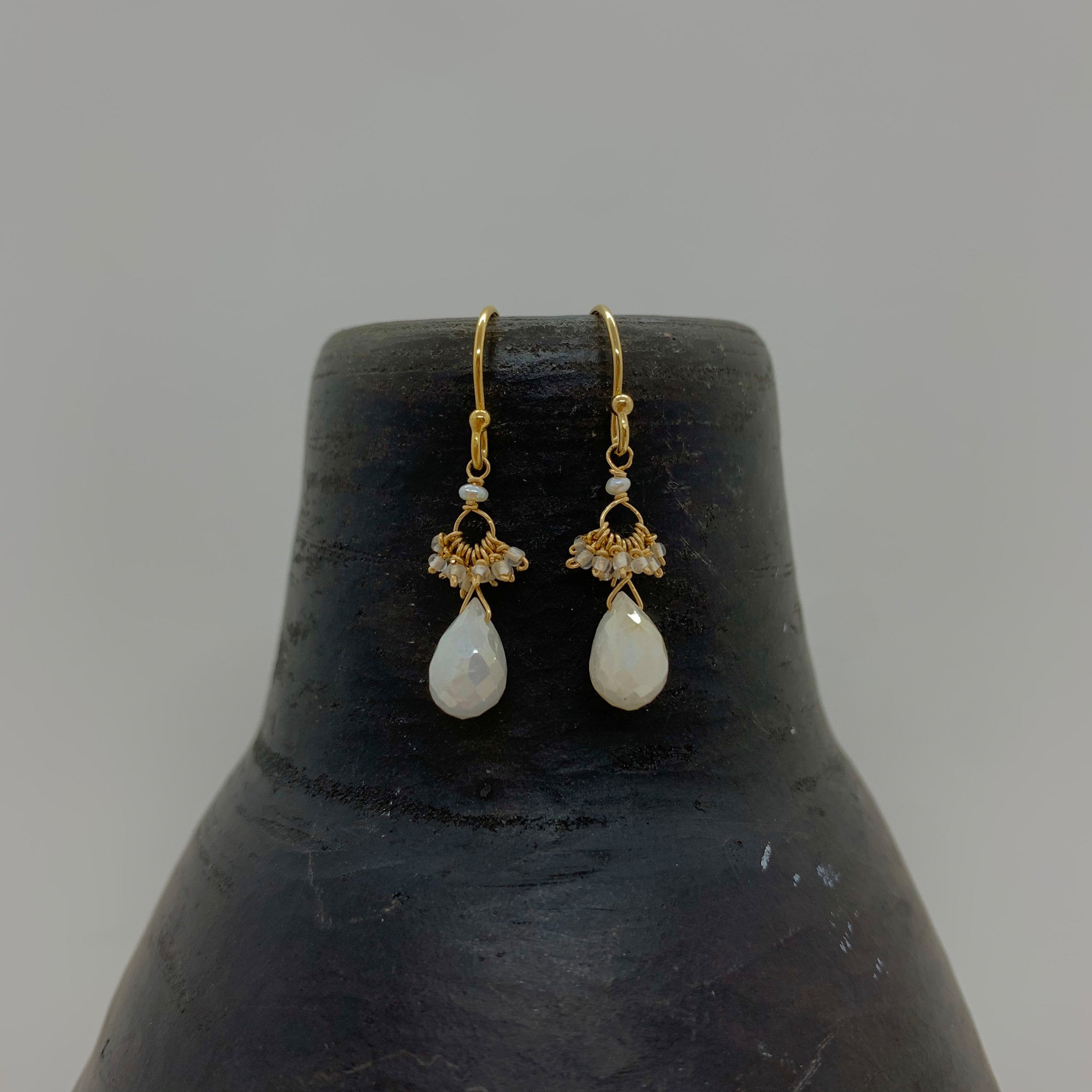 14k Gold Earrings w/ Mystic Corundum, Antique Italian Beads & Freshwater Pearl
