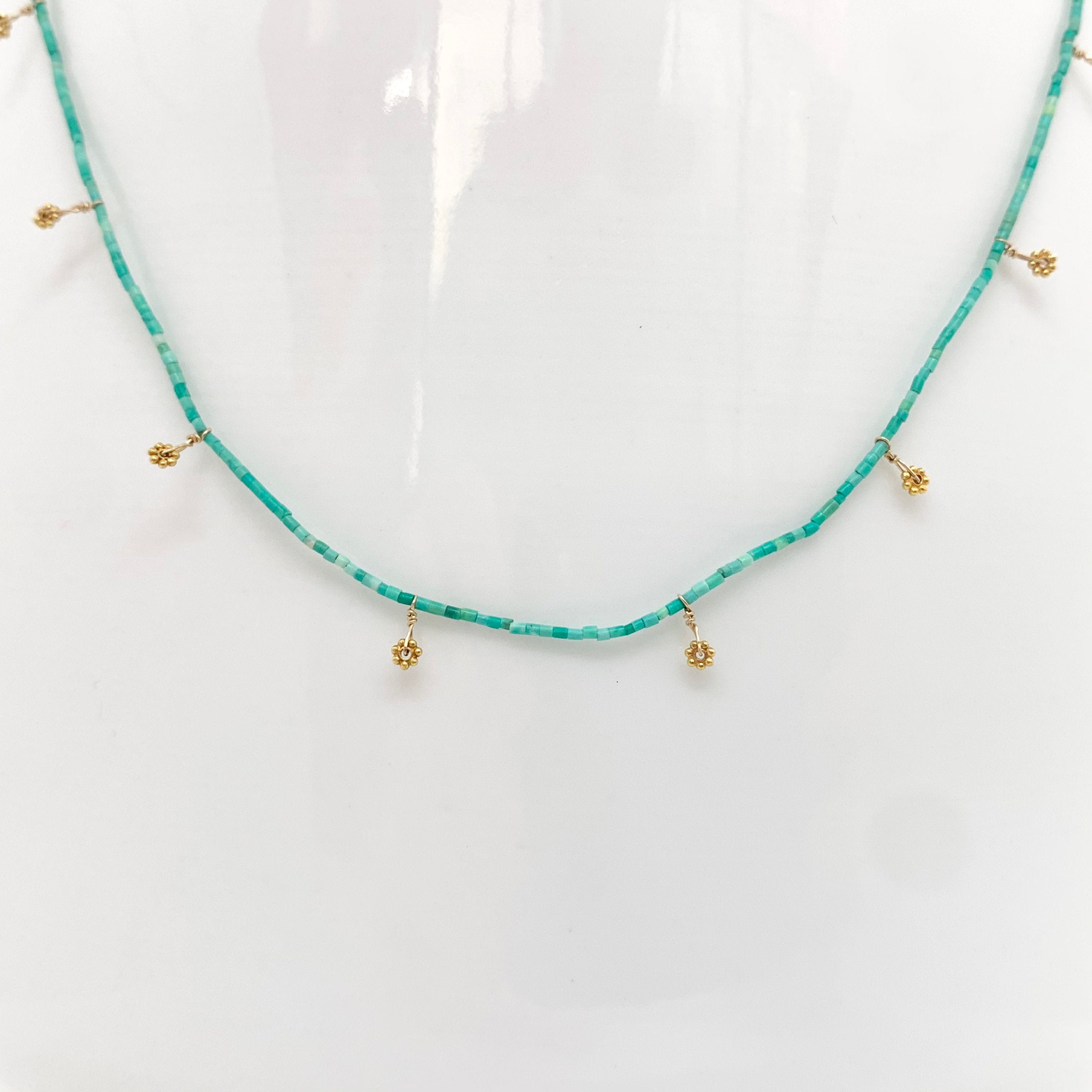 String Beaded Necklace w/ Turquoise & 18k Gold Daisies