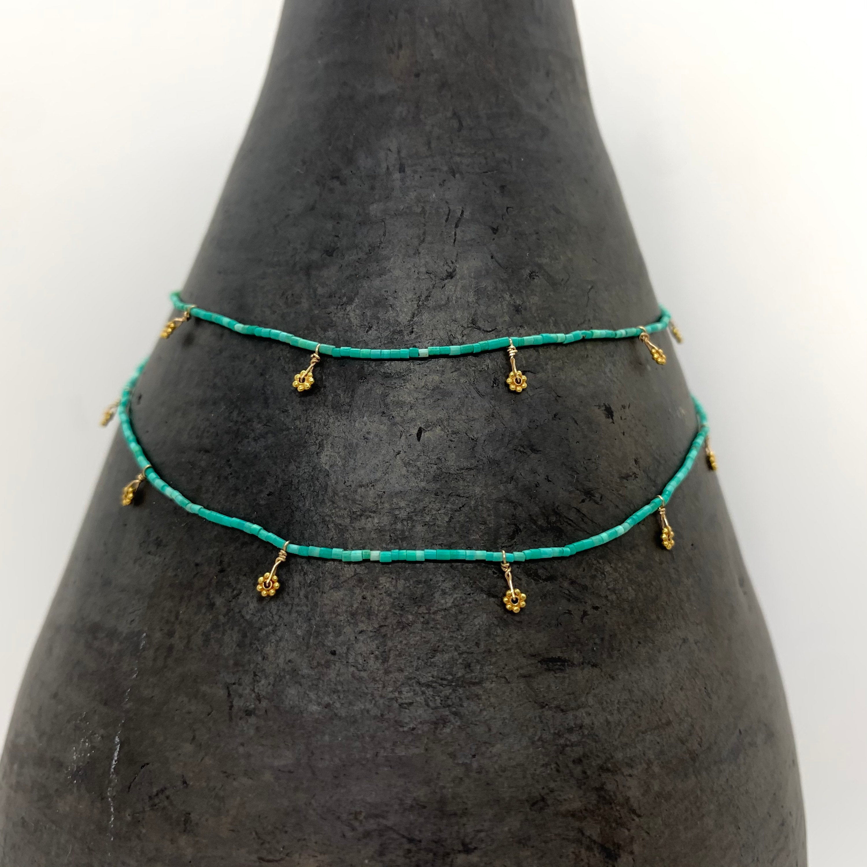 String Beaded Necklace w/ Turquoise & 18k Gold Daisies