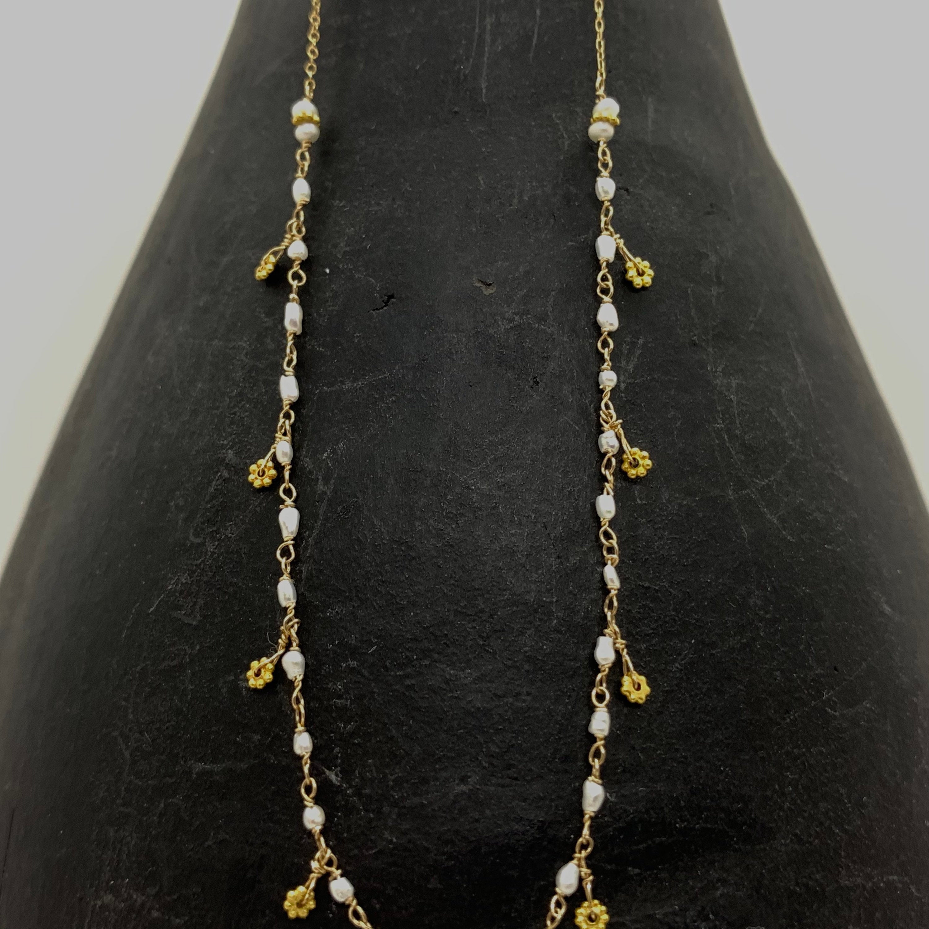 14k Gold Chain Necklace w/ Keshi Pearls, 18k Gold Daisies