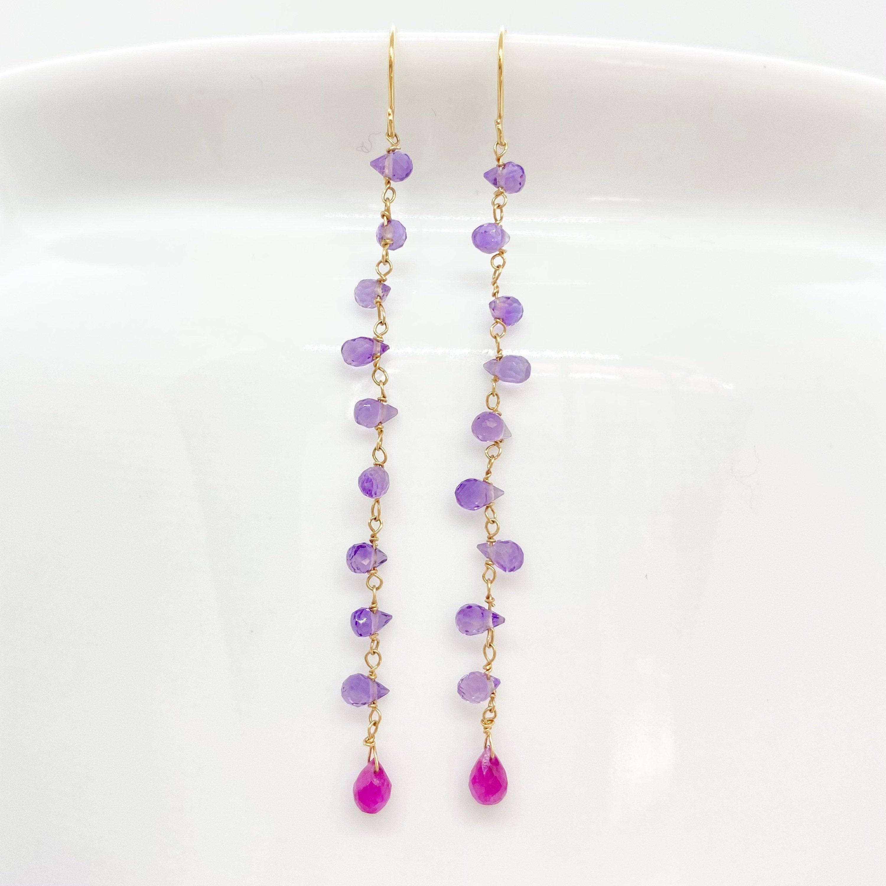 14k Gold Earrings w/ Amethyst & Pink Sapphire Drop