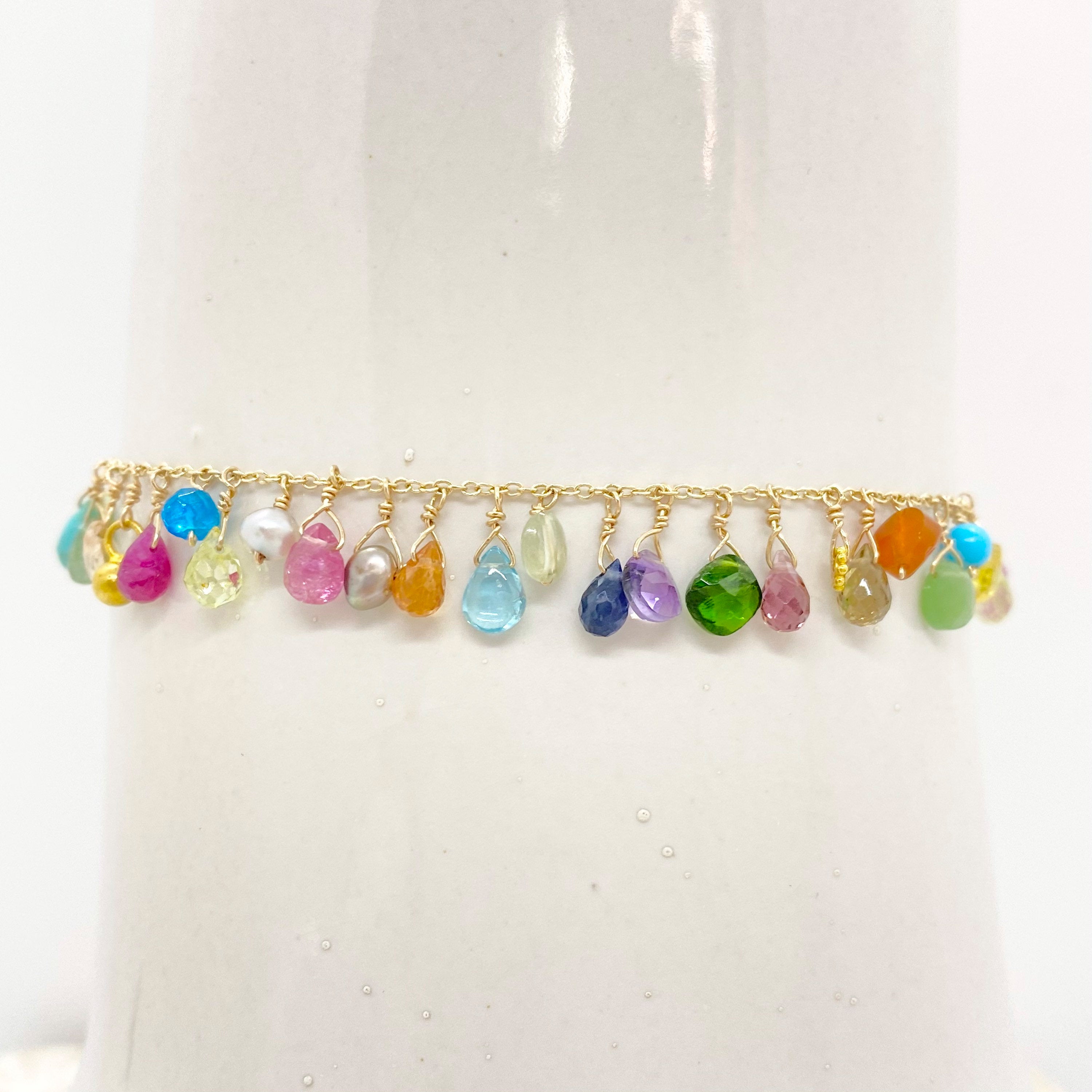 14k Gold Chain Bracelet w/ 18k Gold Pendants, Precious Stones, Semi-Precious Stones & Antique Italian Beads