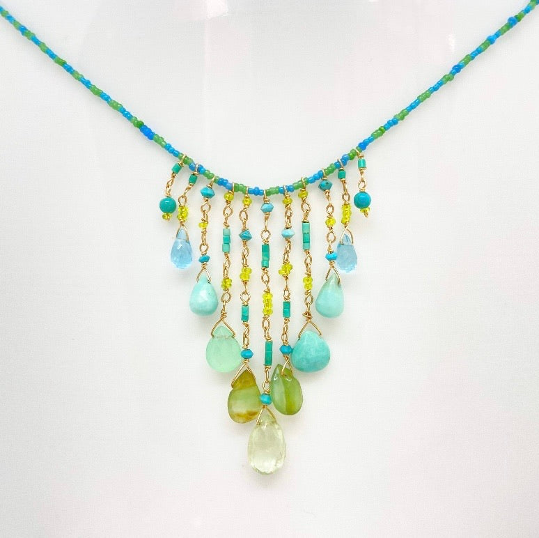 String Beaded Necklace w/ Chrysoberyl, Opal, Chrysoprase, Afghan Turquoise, Apatite & Antique Italian Beads
