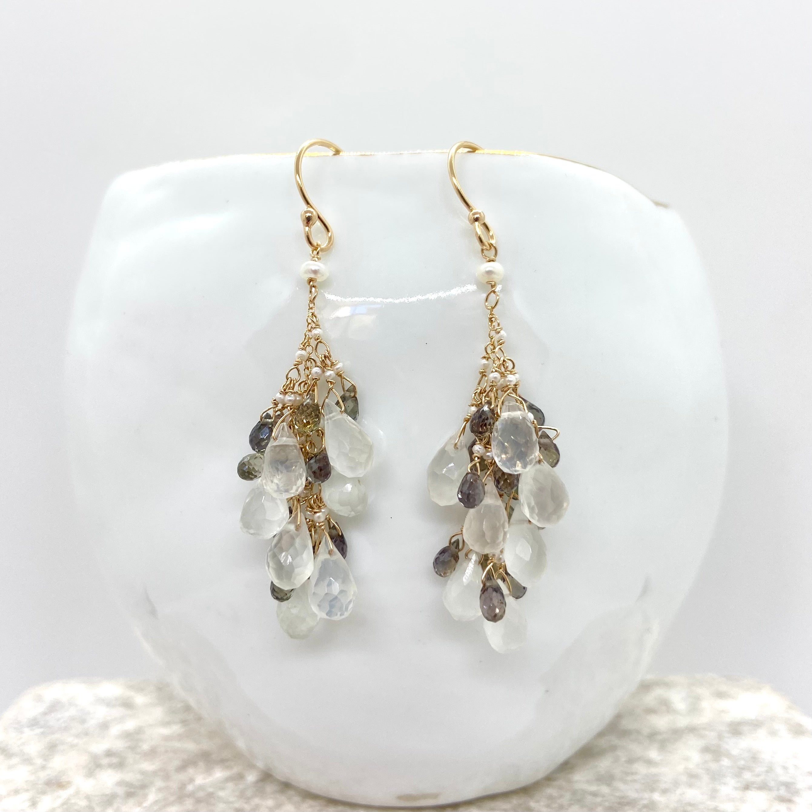 14k Gold Earrings w/ Moonstone, Grey Sapphires, Keshi Pearls & Freshwater Pearl