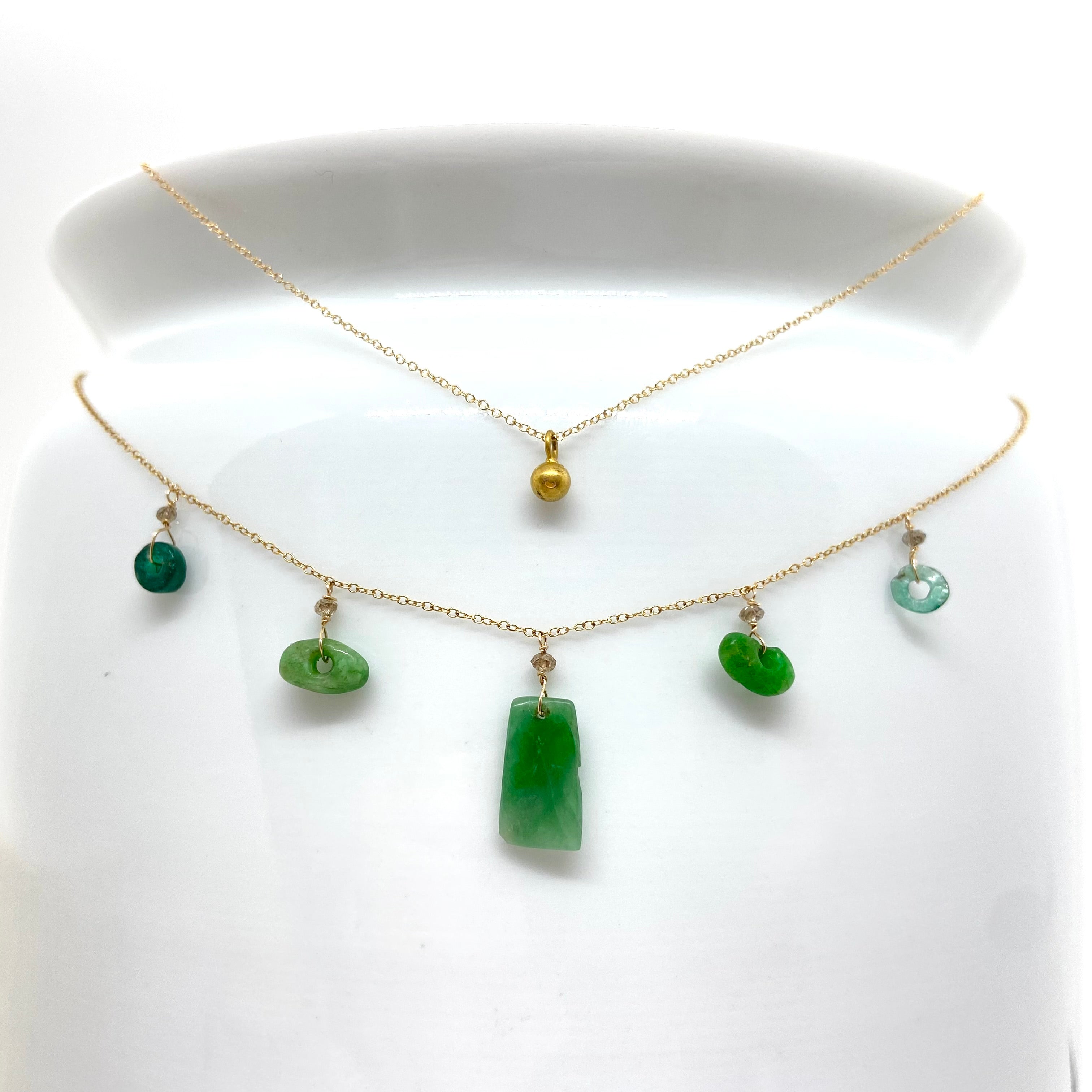 14k Gold Chain Necklace w/ Emerald Jade & Diamonds
