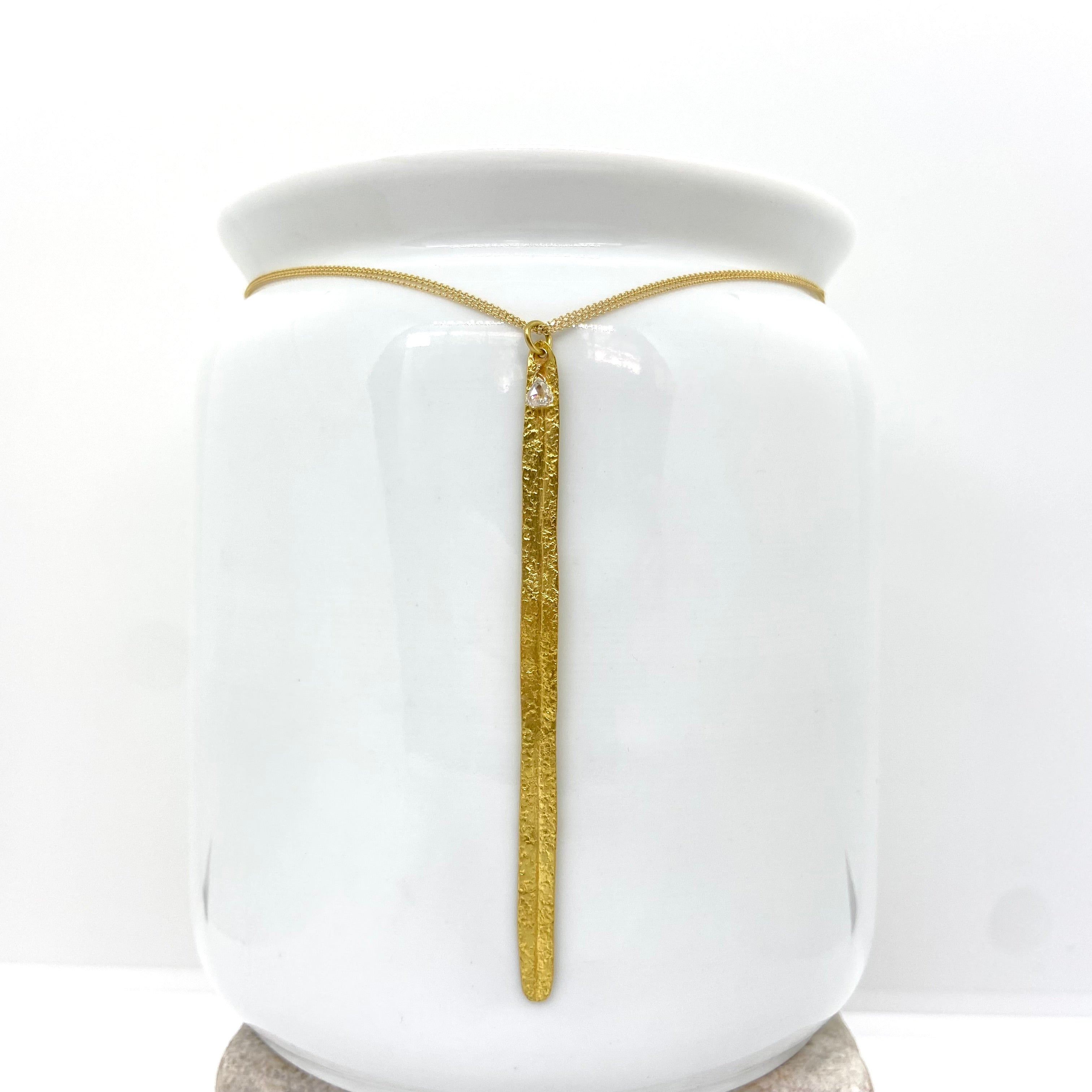 14k Gold Choker Triple-Chain Necklace w/ 18k Gold Leaf Pendant & Natural Diamond