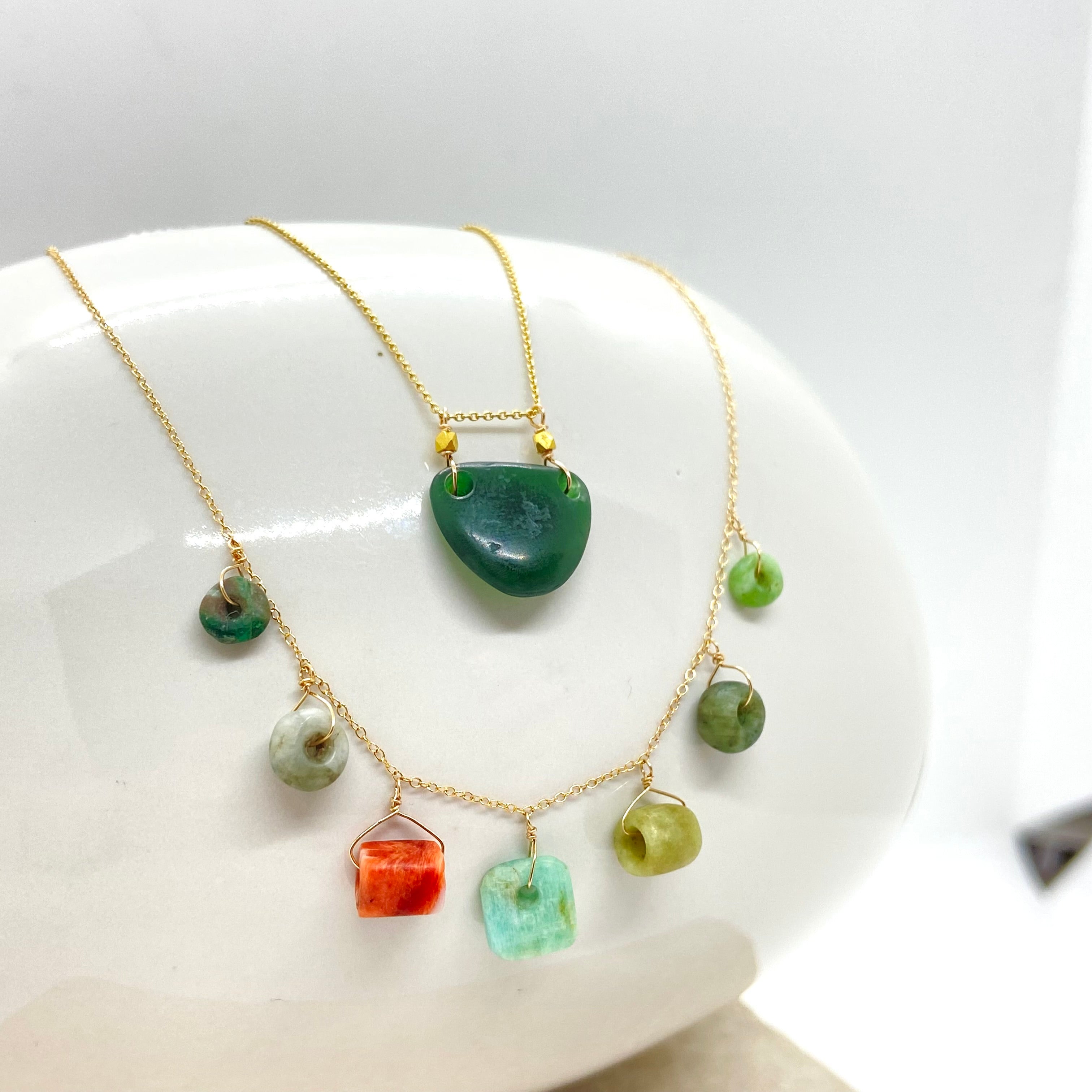 14k Gold Chain Necklace w/ Pre-Columbian Chrysoprase, Jade, Jadeite, Amazonite & Coral