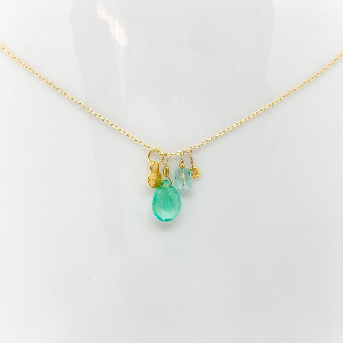 14k Gold Chain Necklace w/ 18k Gold, Emerald & Apatite