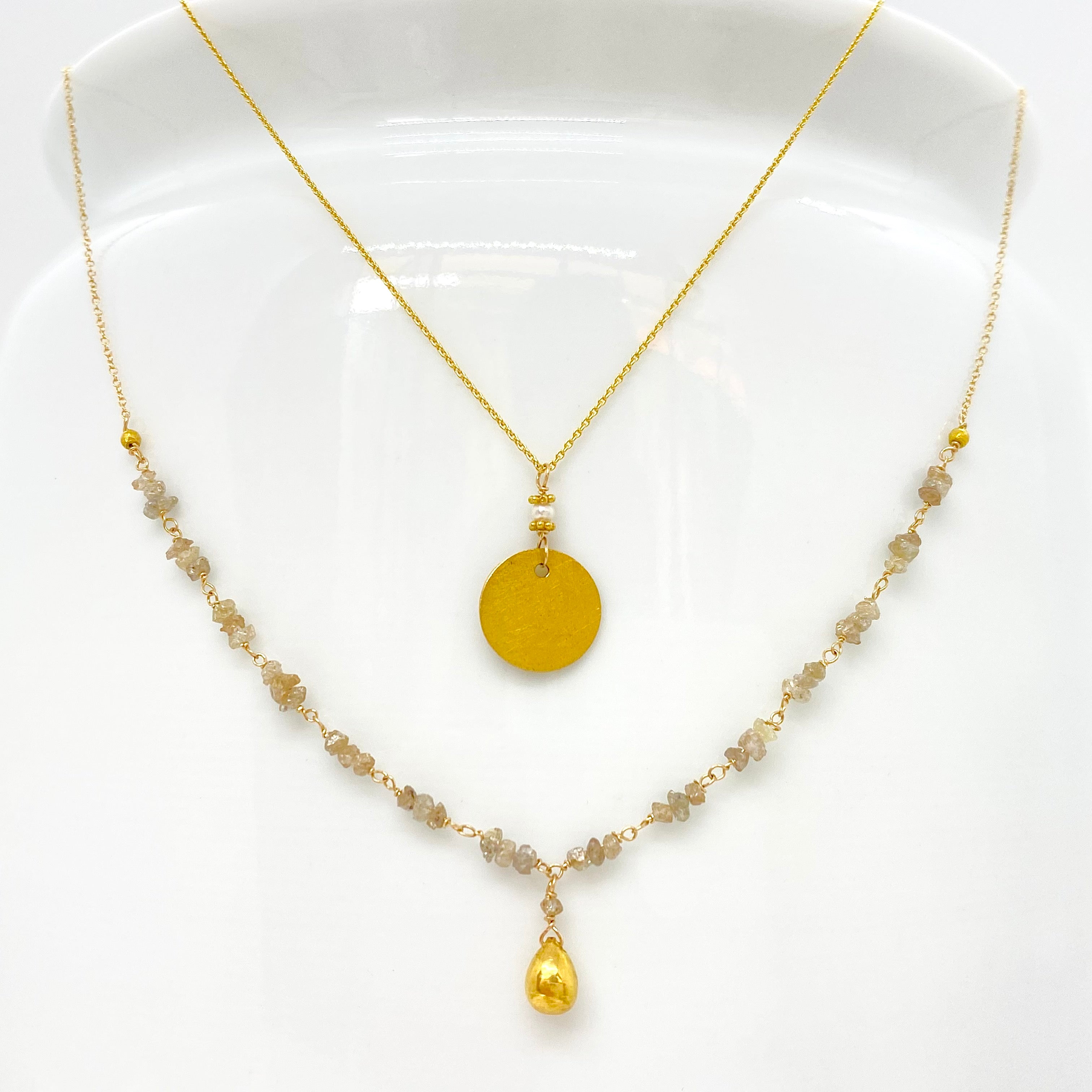 14k Gold Chain Necklace w/ 18k Gold Drop, Champagne Diamond, Raw Diamonds & 18k Gold Nuggets