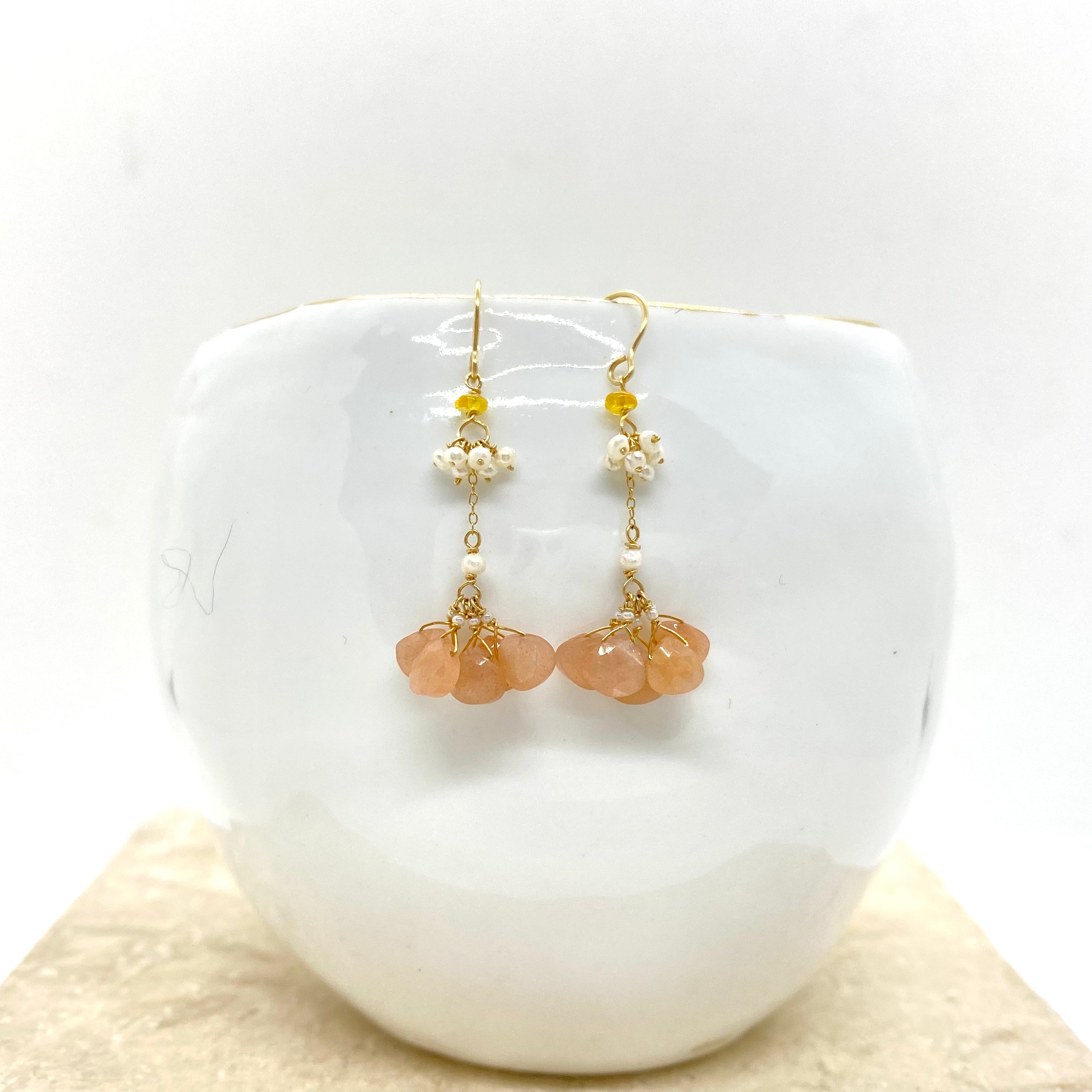 14k Gold Earrings w/ Peach Moonstone, Opal, Freshwater Pearls & Antique Italian Beads