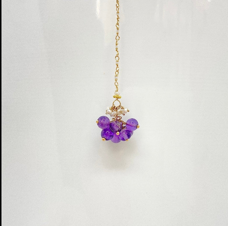14k Gold Choker Necklace w/ 18k Gold Diamond Pendant, Amethyst, Freshwater Pearls, 18k Gold Daisy, Diamonds & Antique Italian Beads