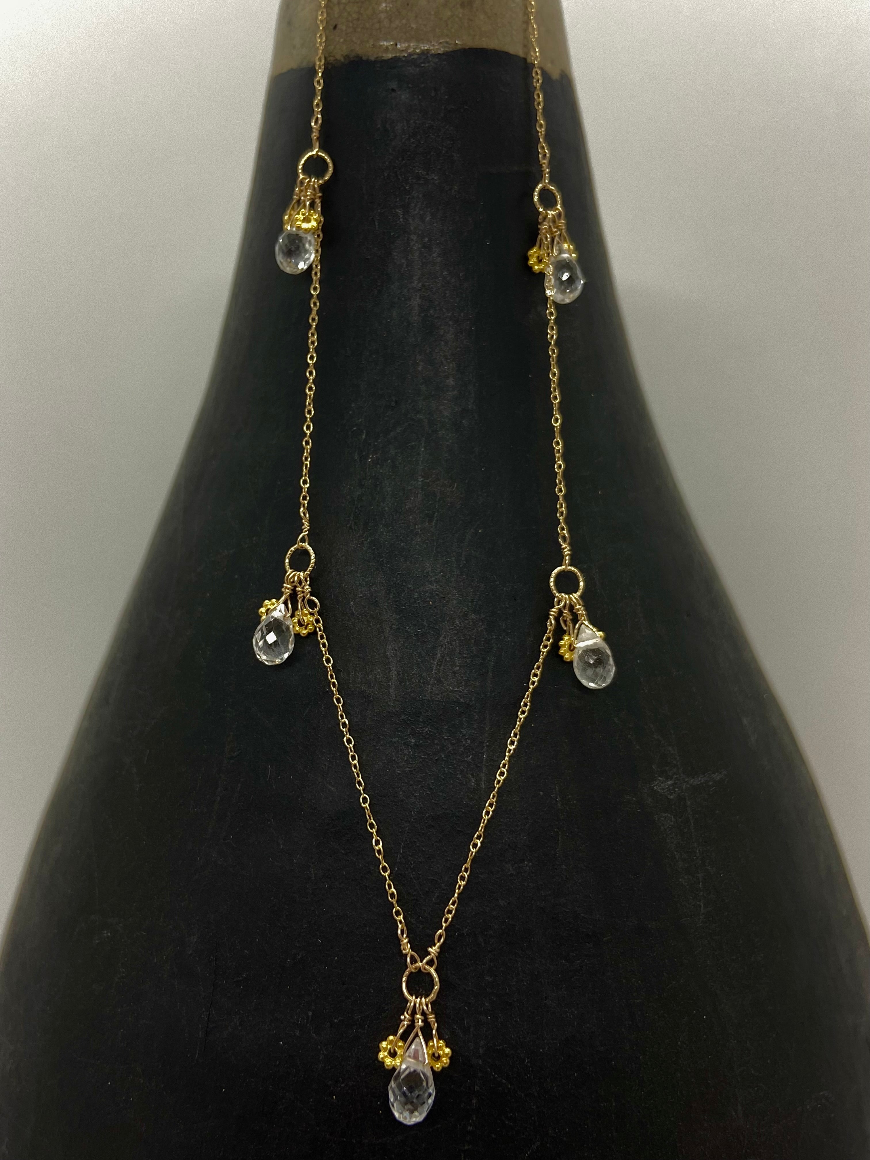 14k Gold Chain Necklace w/ Quartz & 18k Gold Daisies