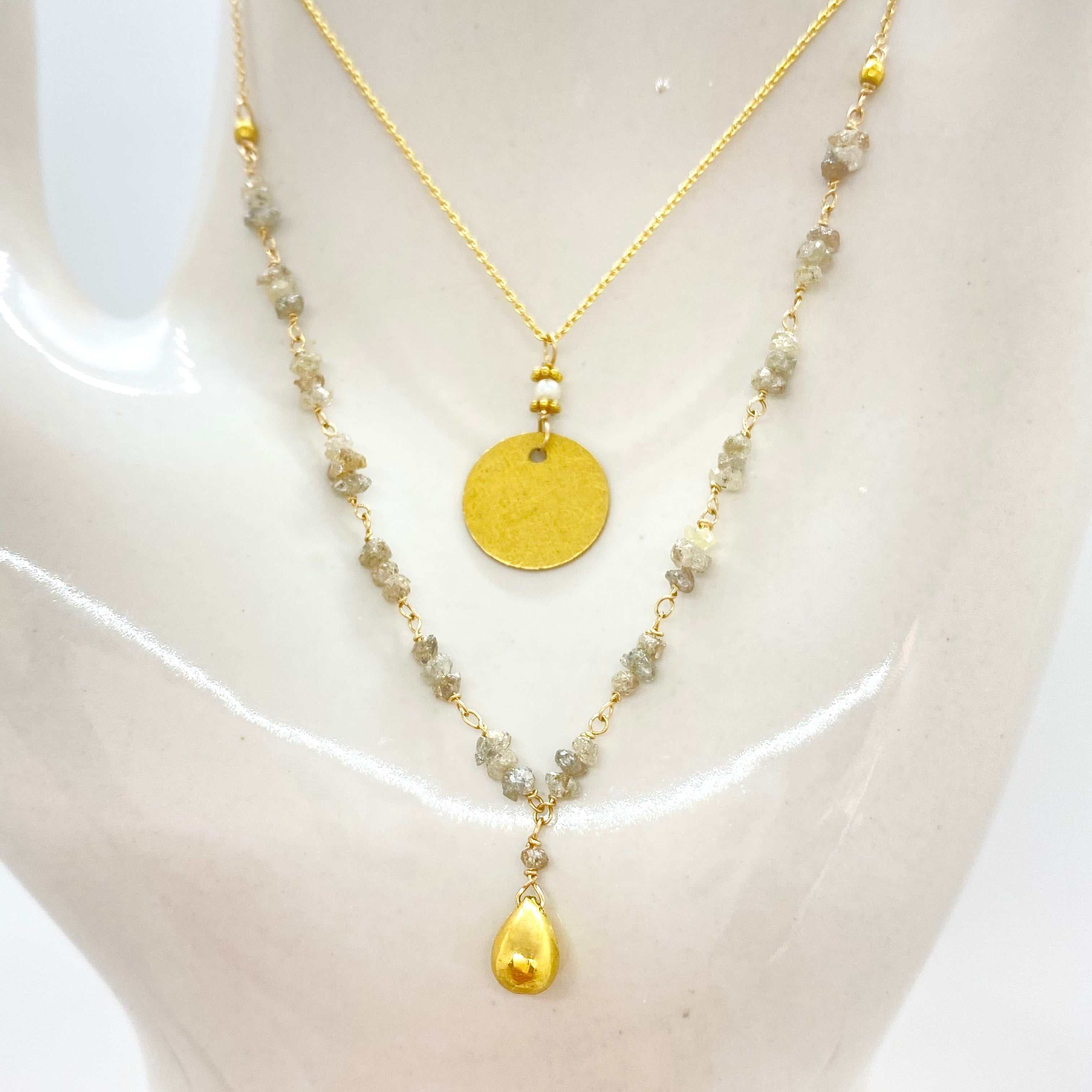 14k Gold Chain Necklace w/ 18k Gold Drop, Champagne Diamond, Raw Diamonds & 18k Gold Nuggets