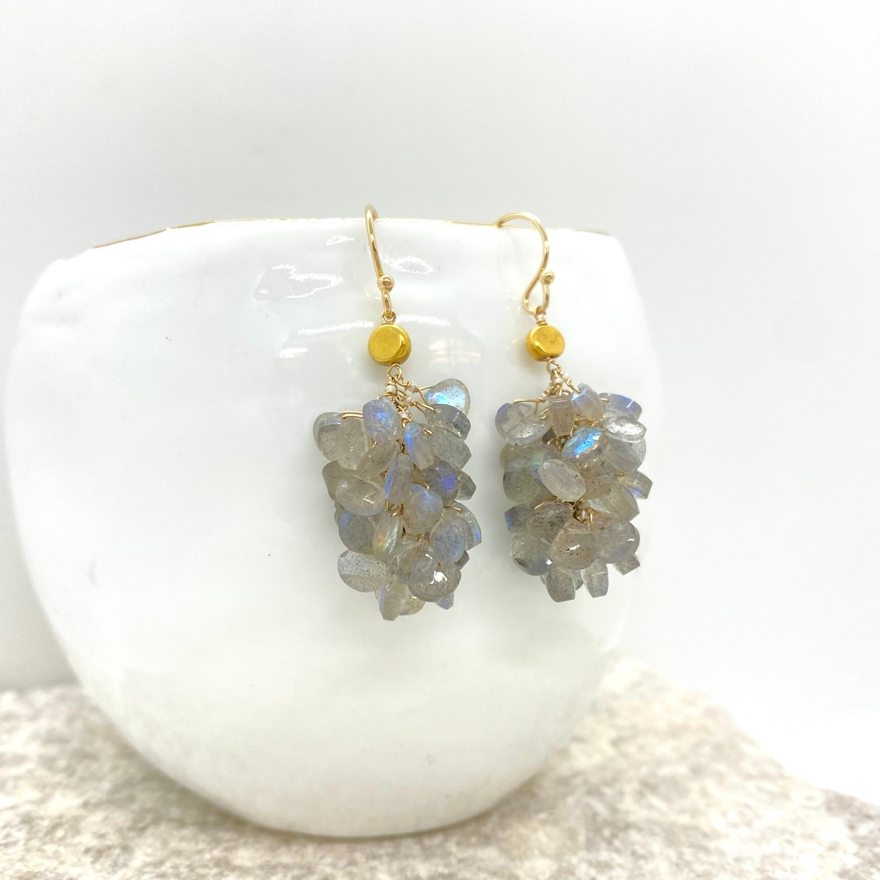 14k Gold Earrings w/ Grey Moonstone, 18k Gold Nugget & Antique Italian Beads