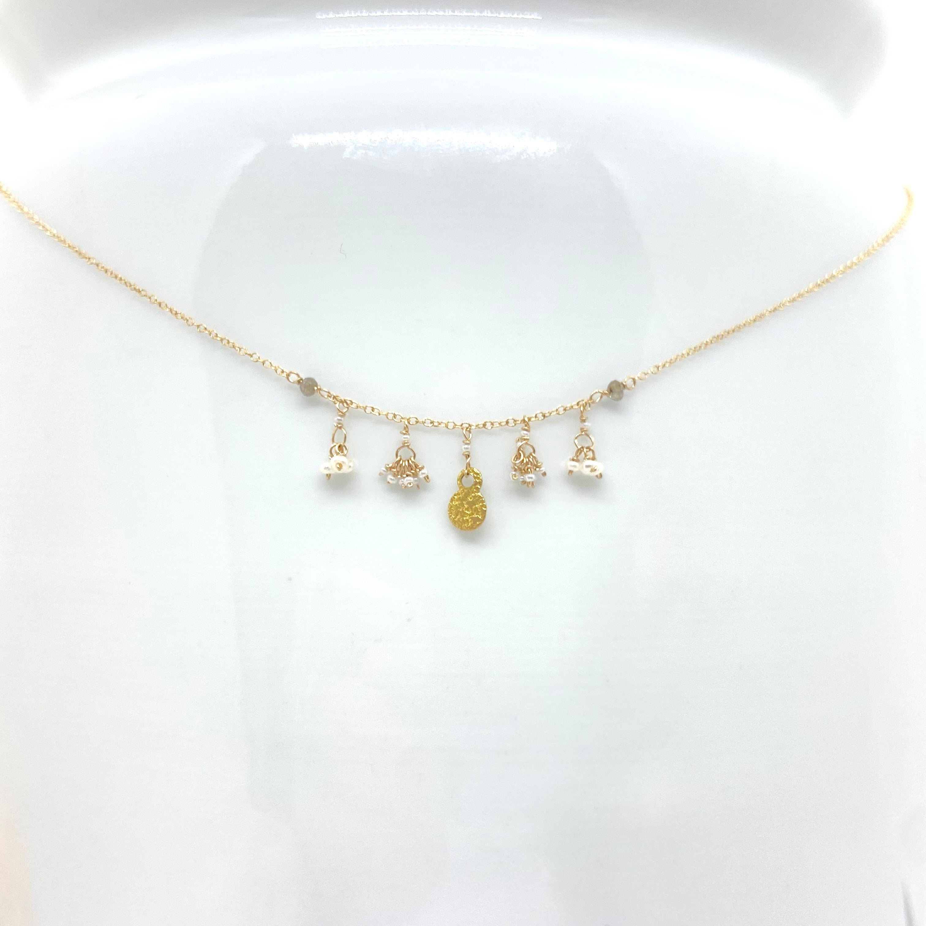 14k Gold Chain Necklace w/ 18k Gold Pendant, Freshwater Pearls, Diamonds & Antique Italian Beads