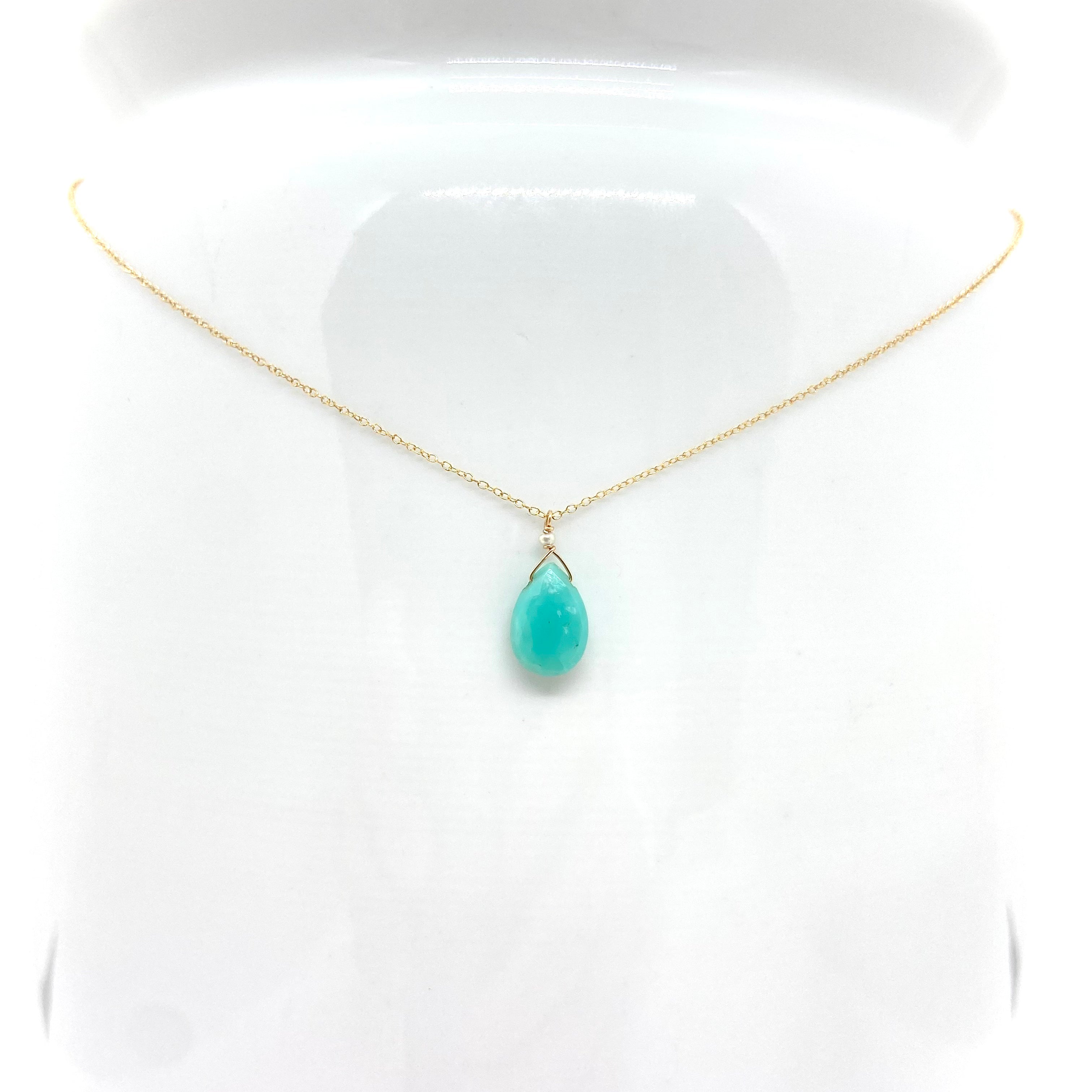 14k Gold Chain Necklace w/ Turquoise & Freshwater Pearl