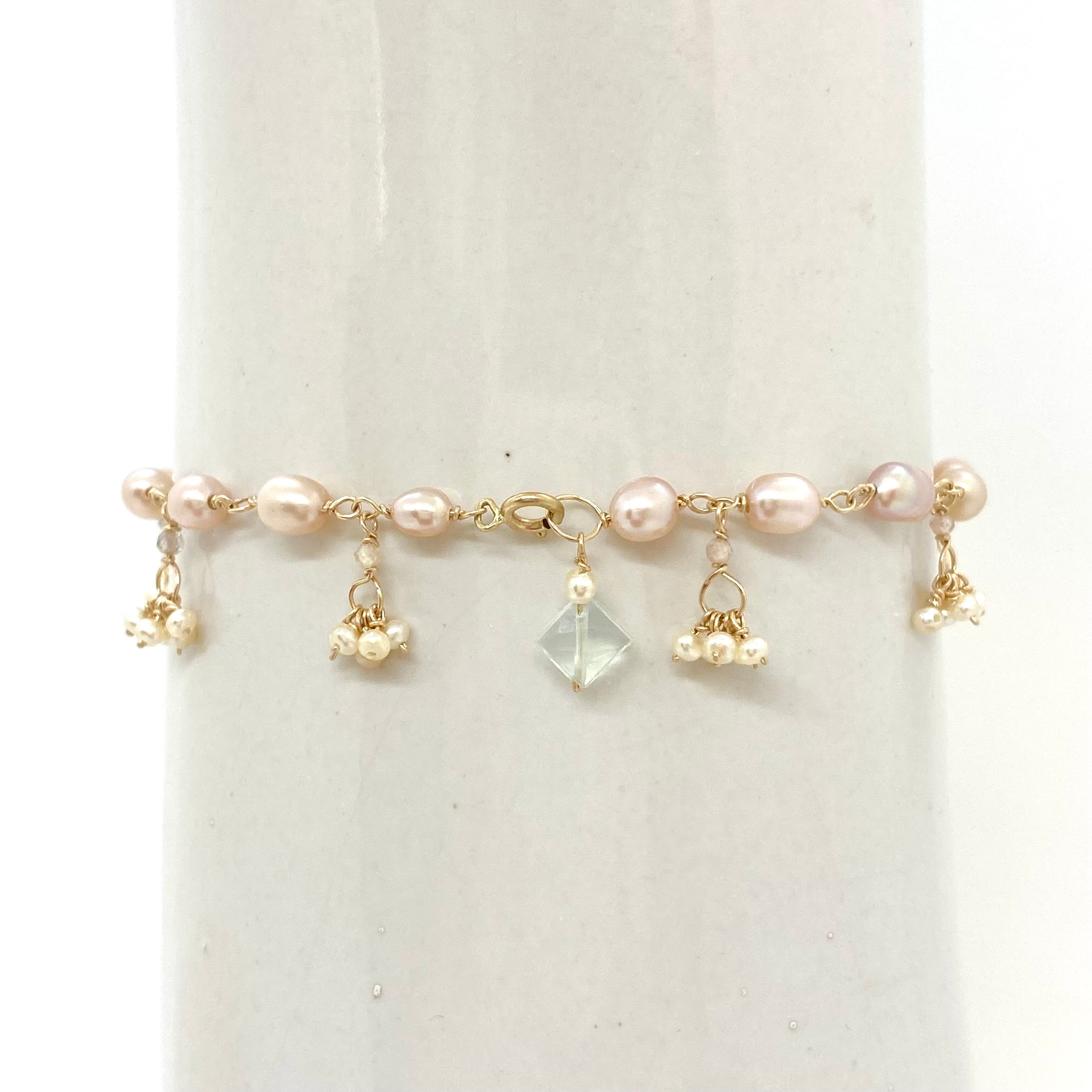 14k Gold Bracelet w/ Freshwater Pearls & Quartz