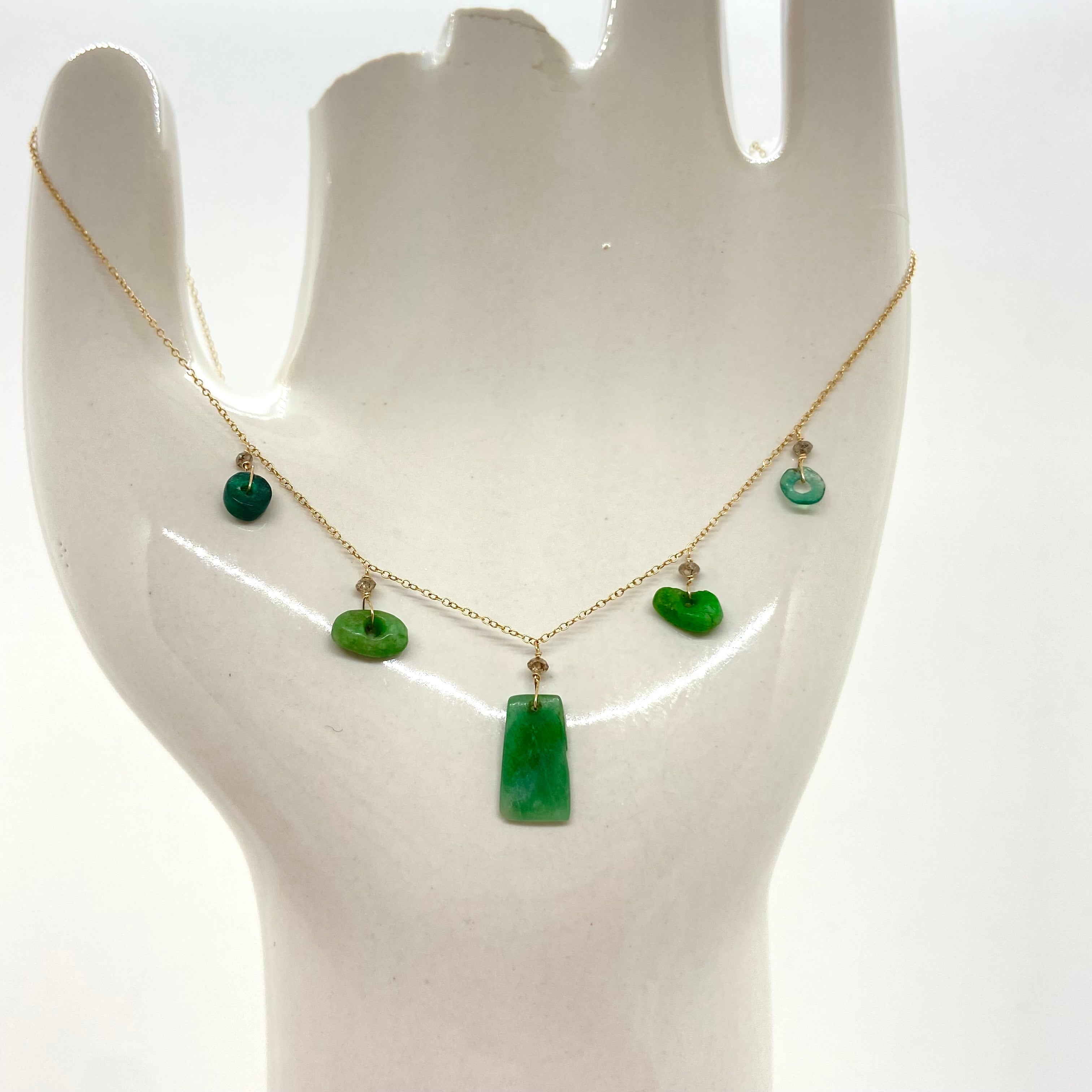 14k Gold Chain Necklace w/ Emerald Jade & Diamonds