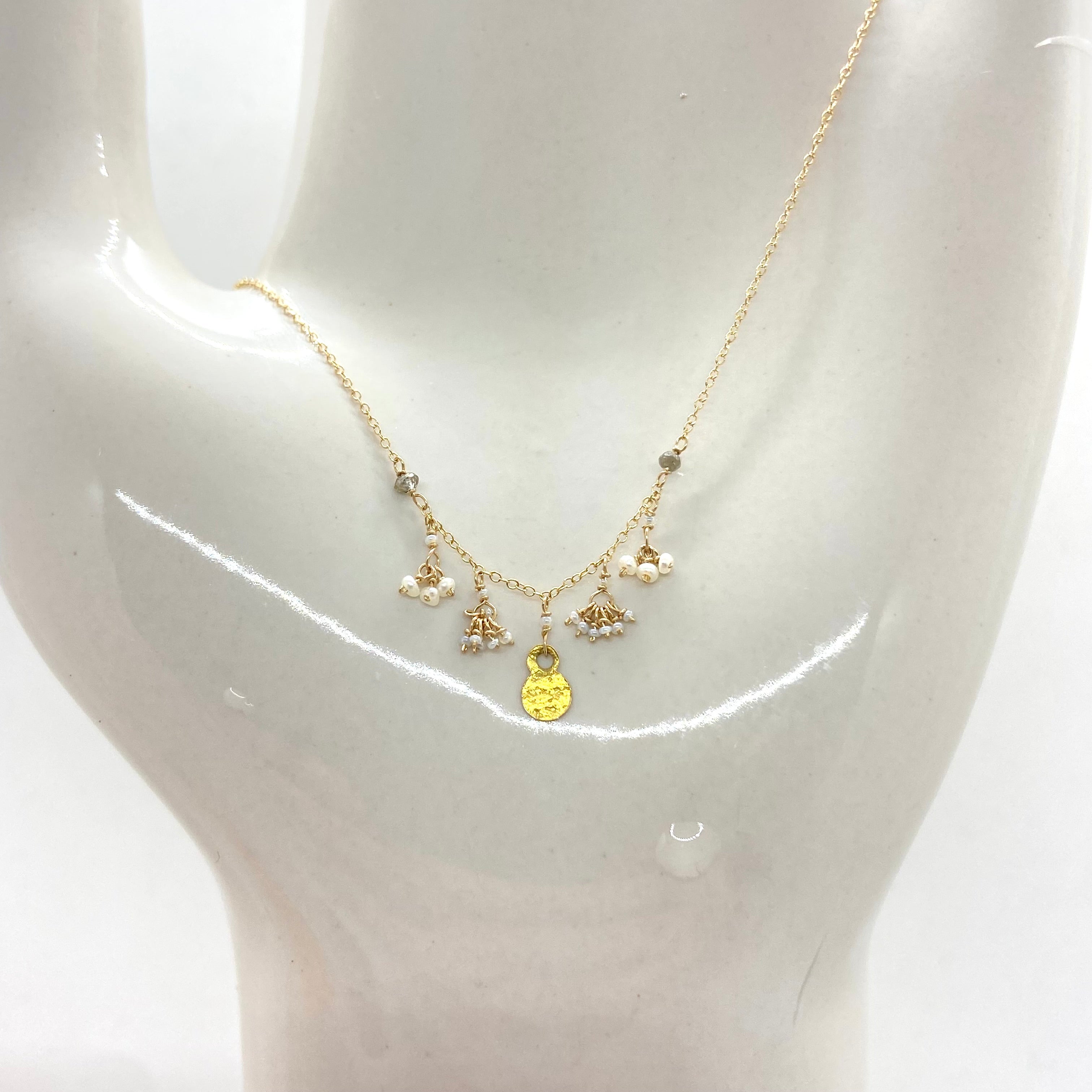 14k Gold Chain Necklace w/ 18k Gold Pendant, Freshwater Pearls, Diamonds & Antique Italian Beads