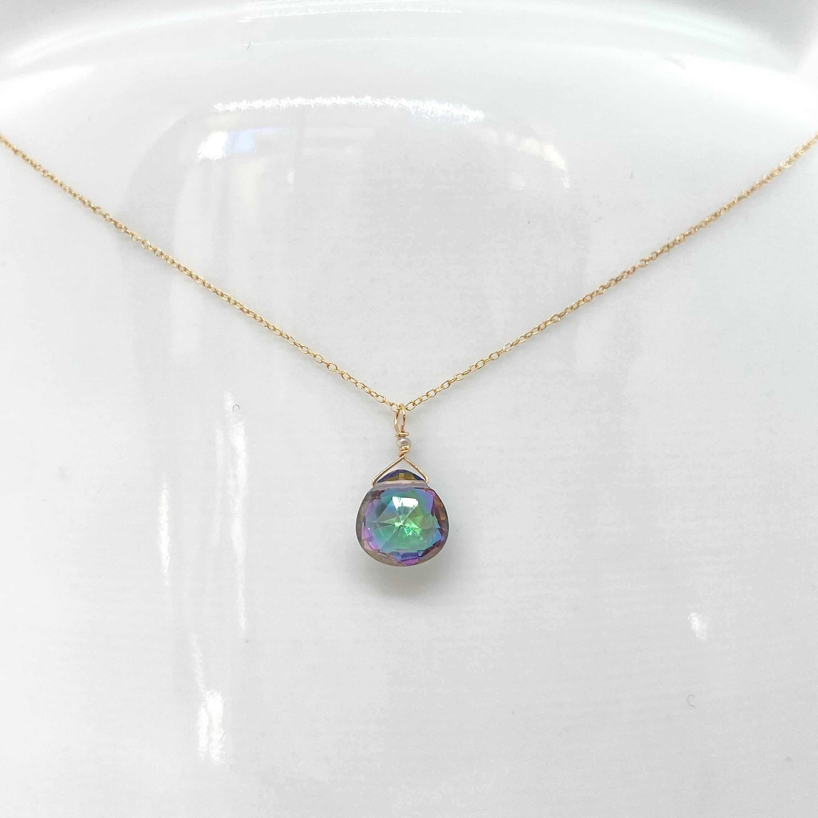 14k Gold Chain Necklace w/ Mystic Topaz & Freshwater Pearl