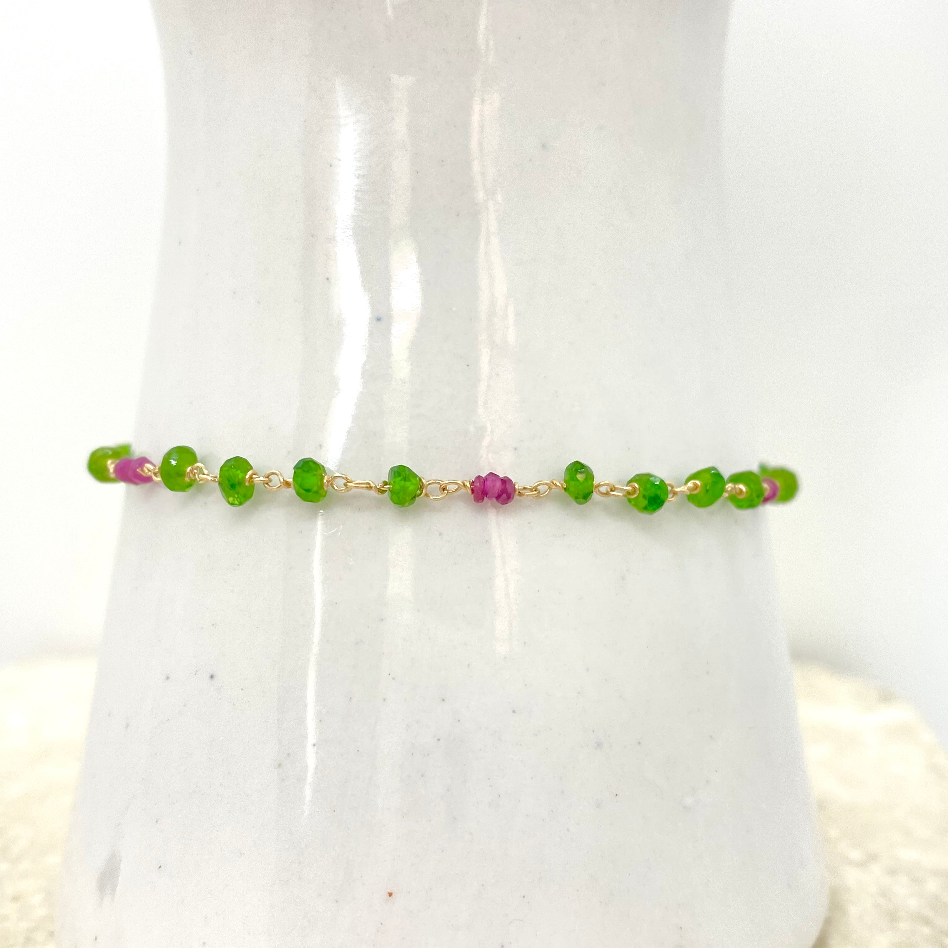 14k Gold Bracelet w/ Tsavorite, Rubies & Jade Drop
