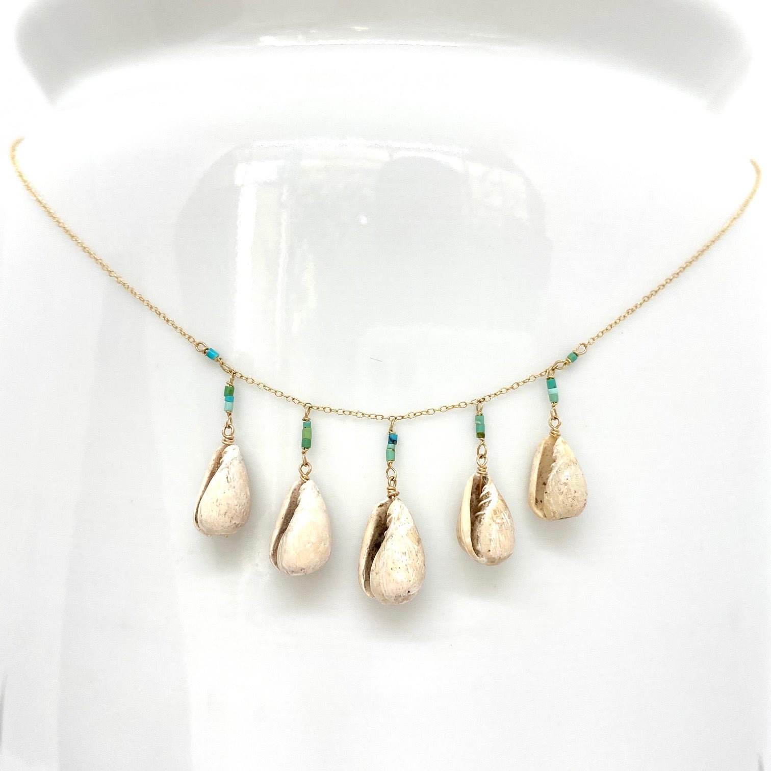 14k Gold Chain Necklace w/ Pre-Columbian Shells & Afghan Turquoise