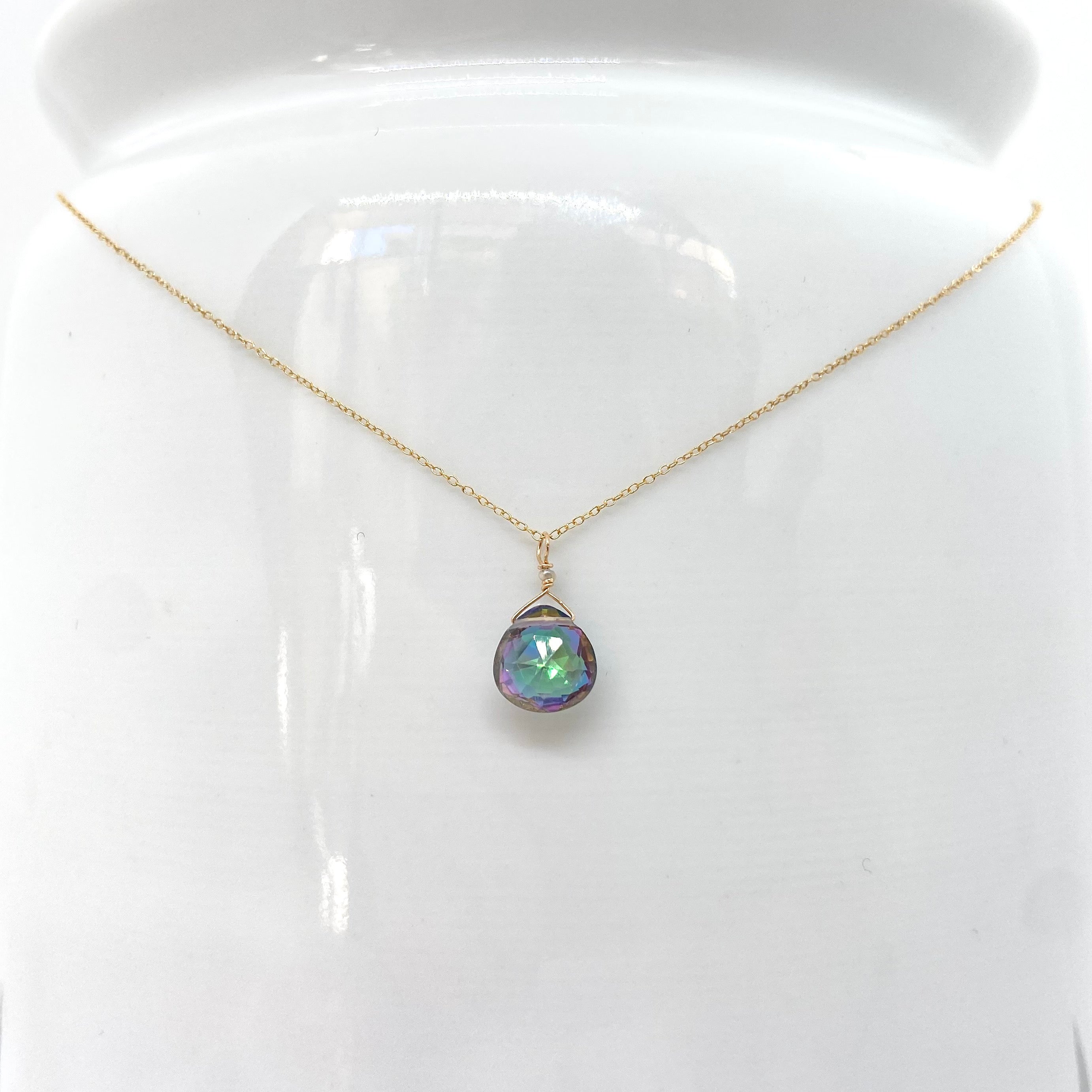 14k Gold Chain Necklace w/ Mystic Topaz & Freshwater Pearl
