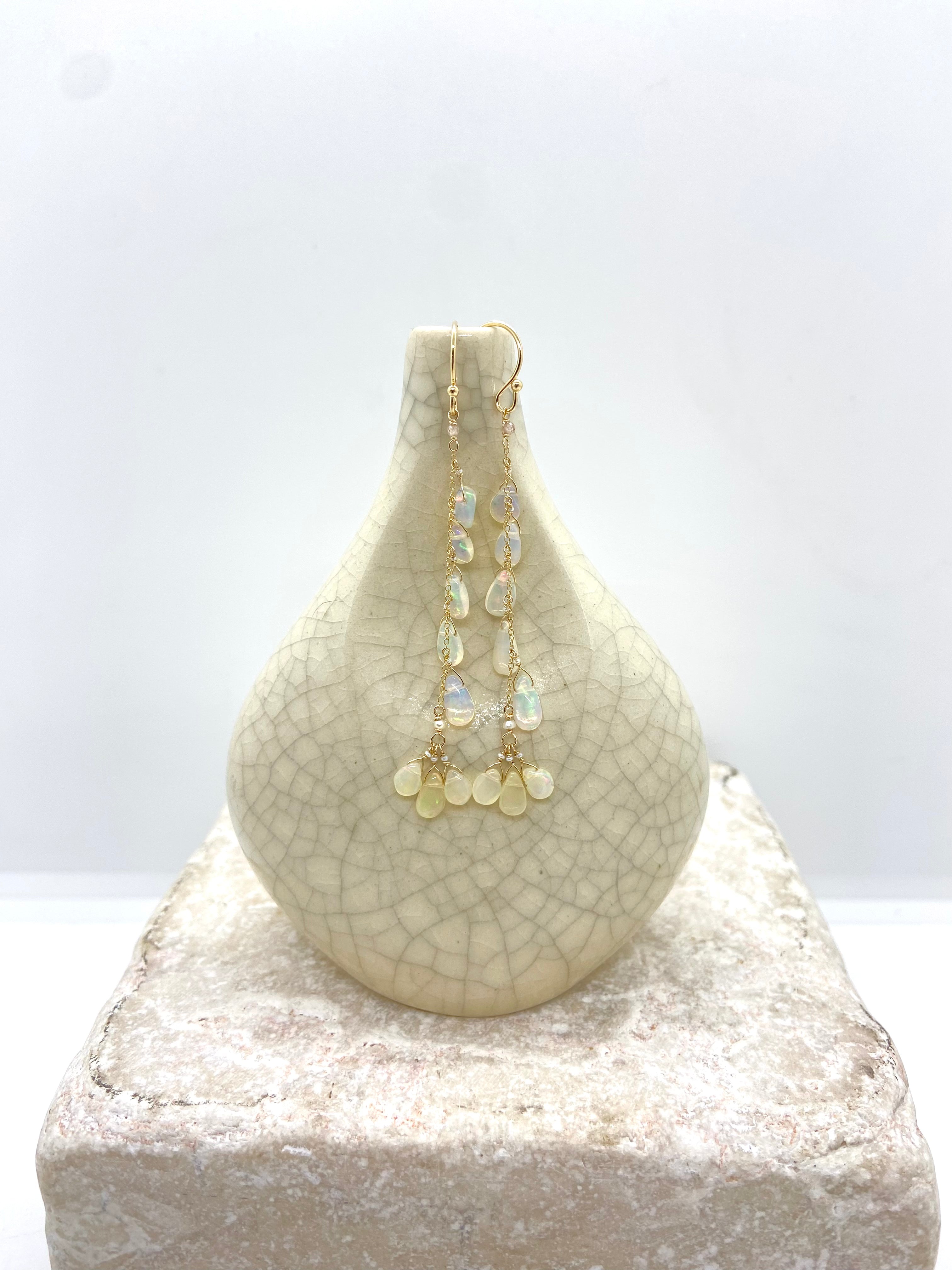 14k Gold Earrings w/ Opal & Antique Italian Beads