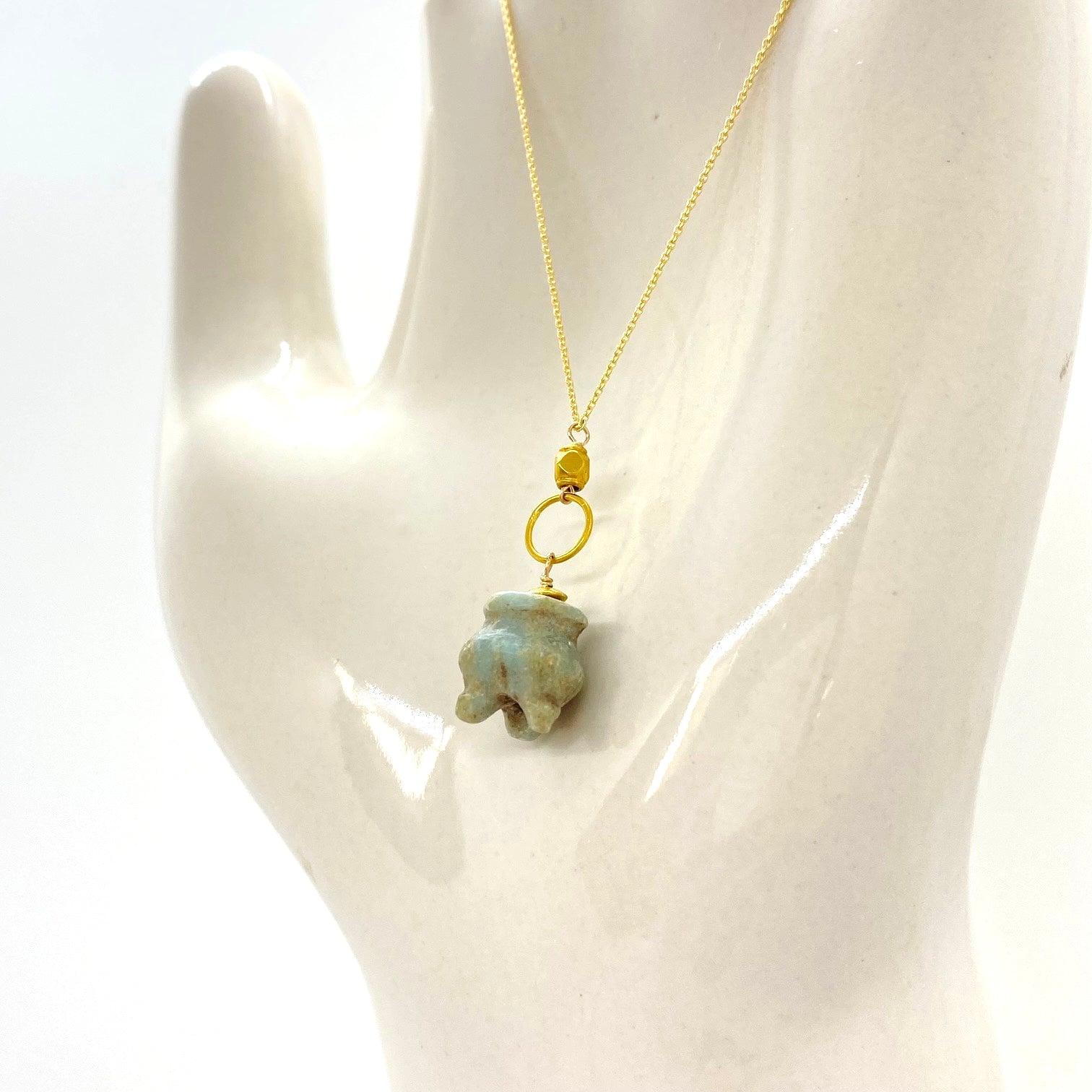 14k Gold Chain Necklace w/ Pre-Columbian Jade Pendant, 18k Gold Nugget & 18k Gold Loop