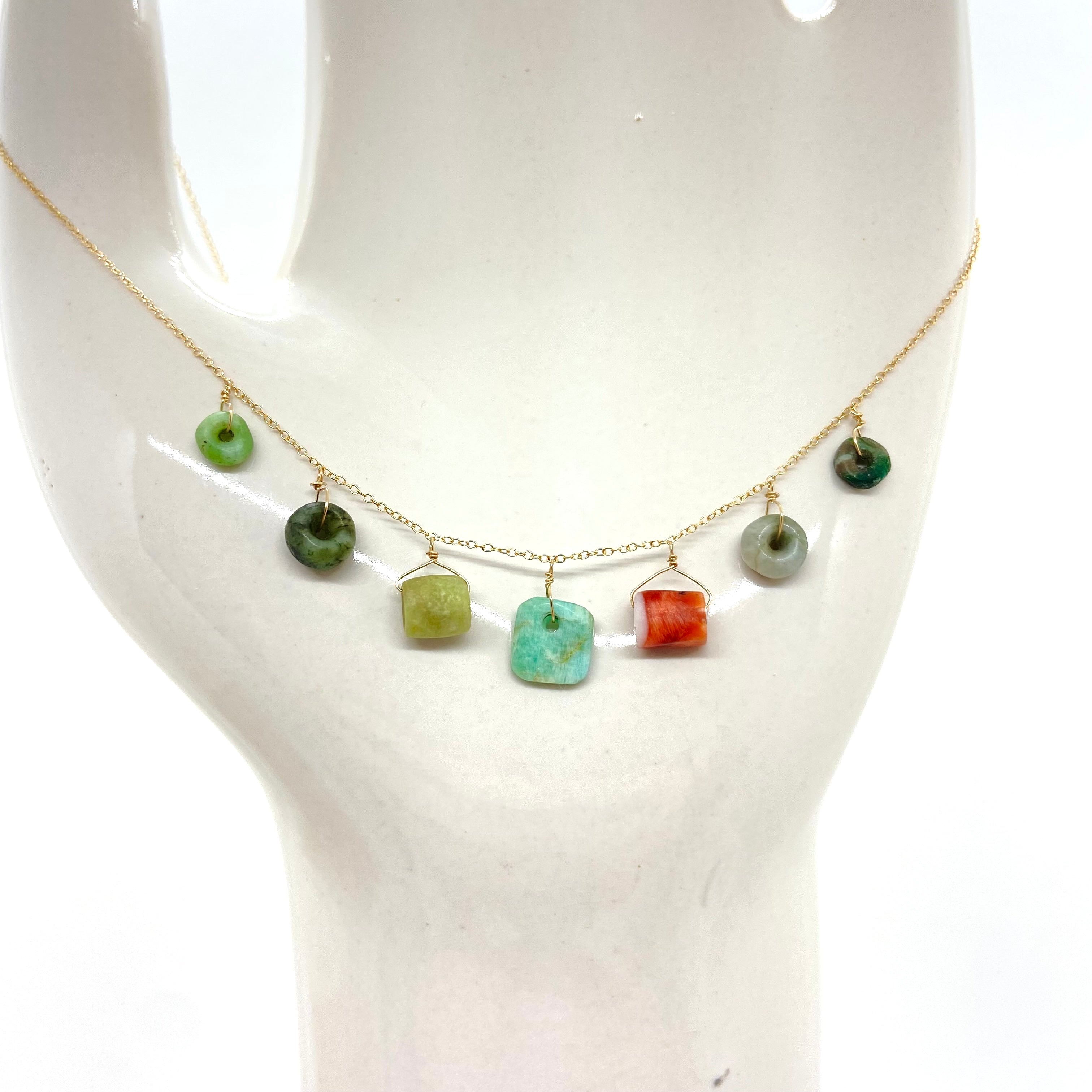 14k Gold Chain Necklace w/ Pre-Columbian Chrysoprase, Jade, Jadeite, Amazonite & Coral