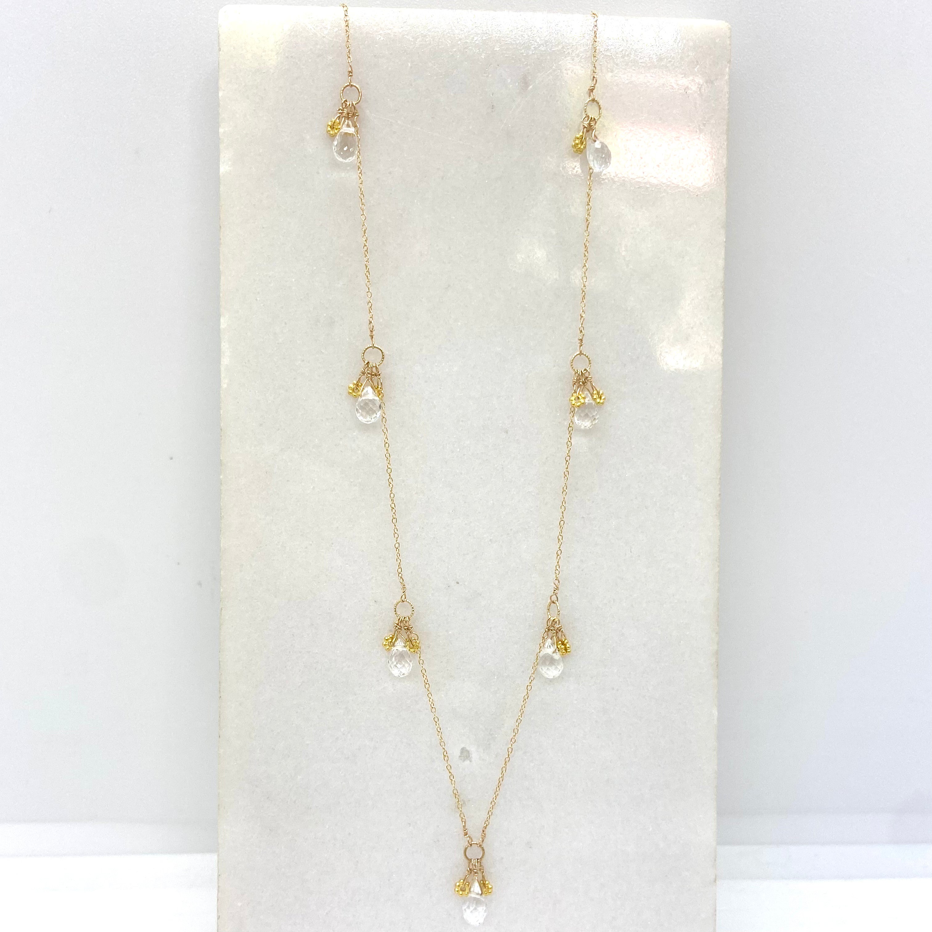 14k Gold Chain Necklace w/ Quartz & 18k Gold Daisies