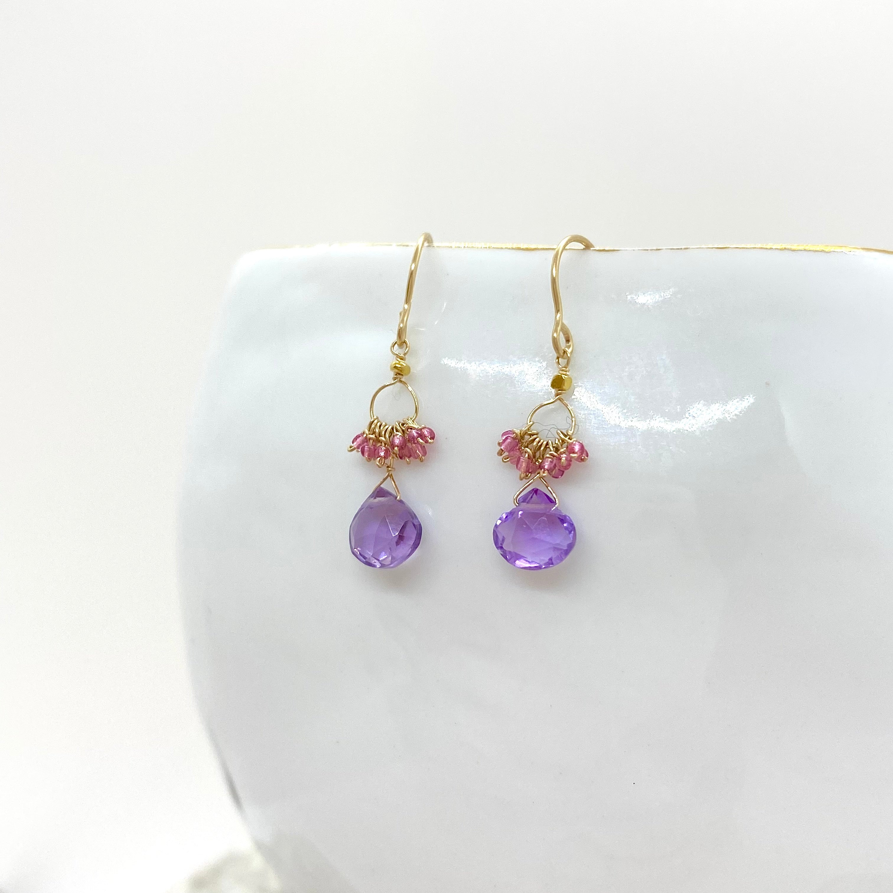 14k Gold Earrings w/ Amethyst & Antique Italian Beads