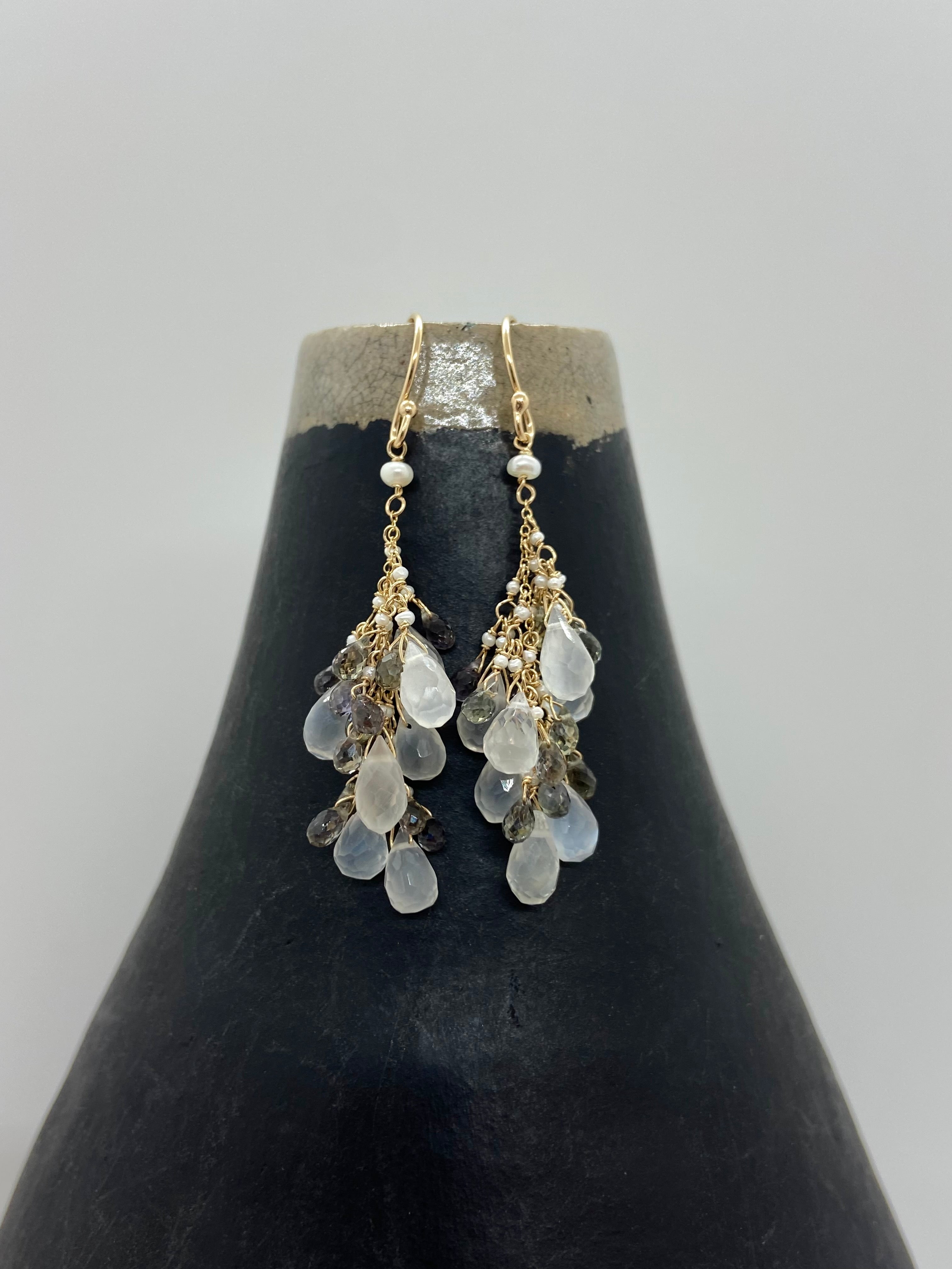 14k Gold Earrings w/ Moonstone, Grey Sapphires, Keshi Pearls & Freshwater Pearl