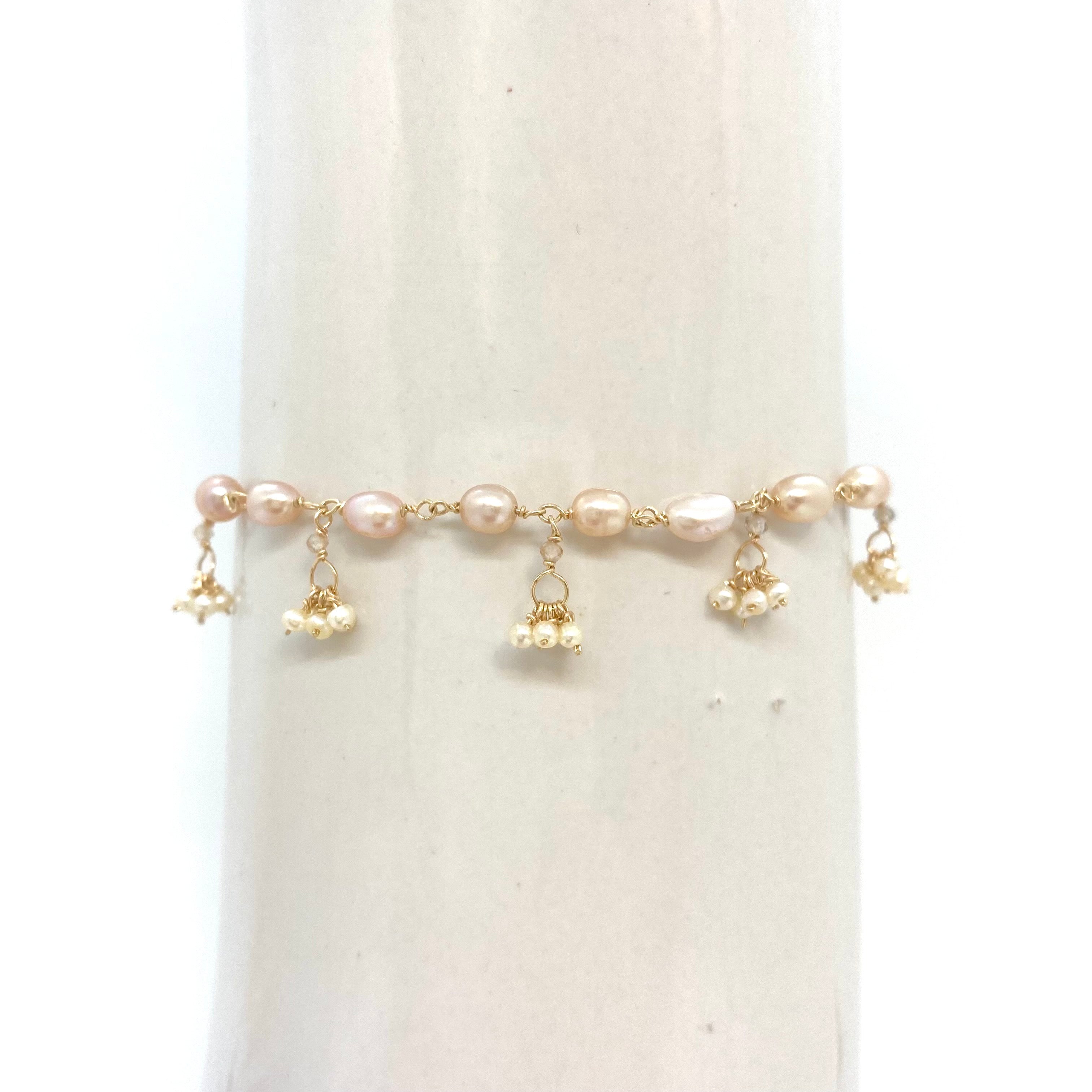 14k Gold Bracelet w/ Freshwater Pearls & Quartz