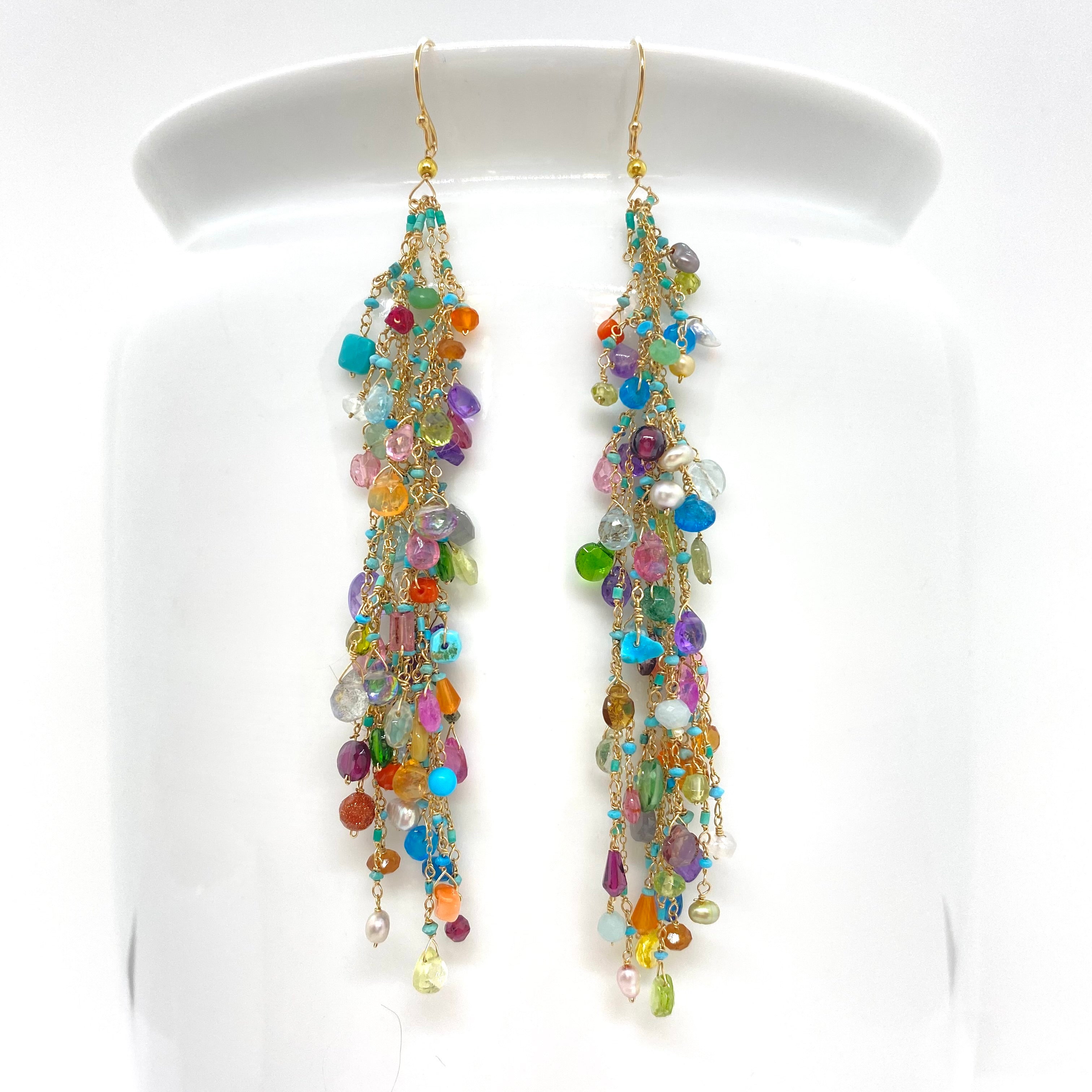 14k Gold Earrings w/ Precious Stones, Semi-Precious Stones, Afghan Turquoise, Freshwater Pearls & 18k Gold Nugget