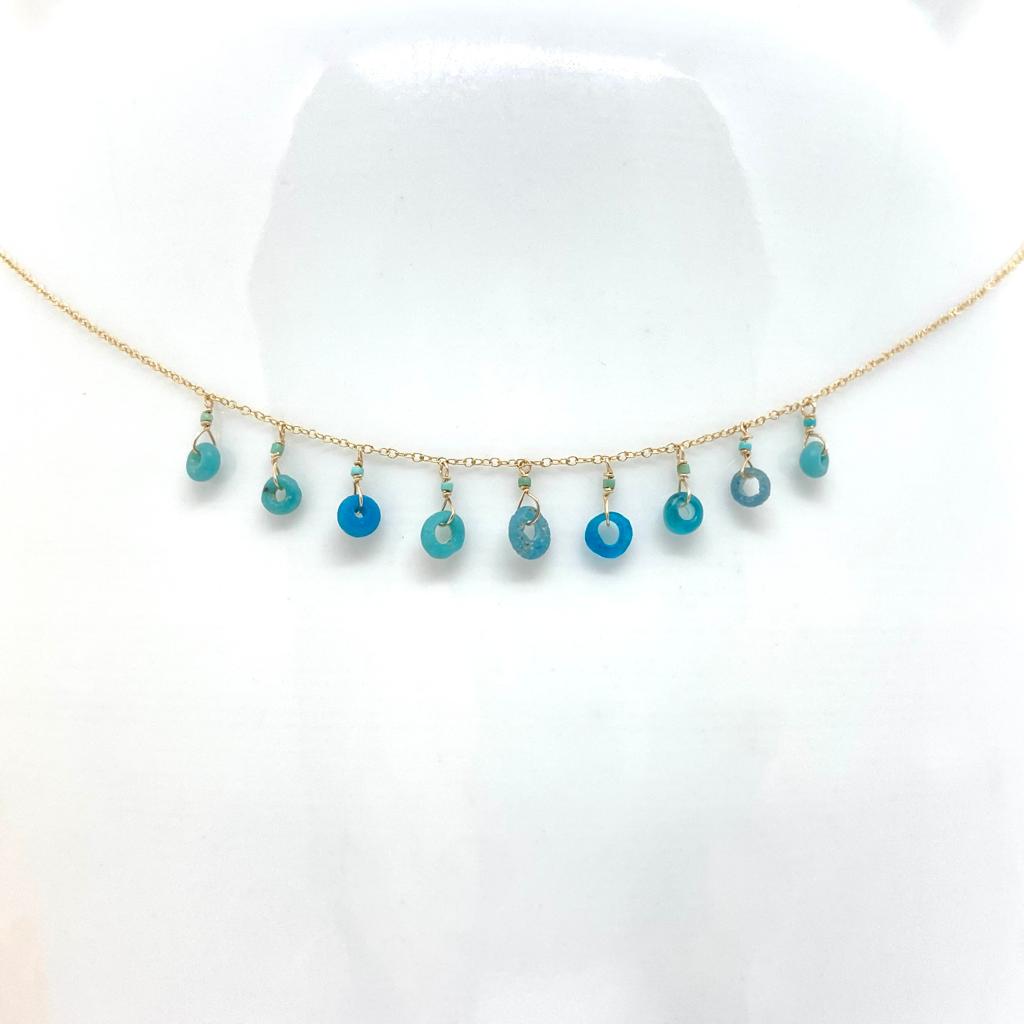 14k Gold Chain Necklace w/ Indo-Pacific Glass Beads