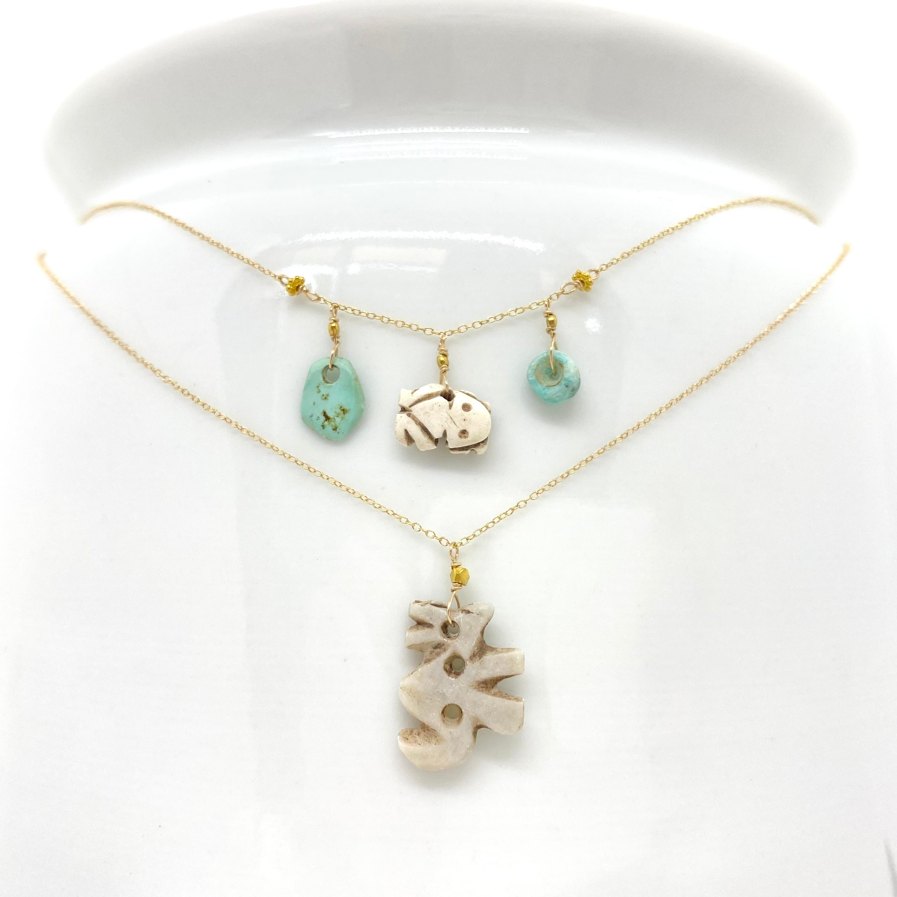 14k Gold Chain Necklace w/ Pre-Columbian Bone Frog Charm, Pre-Columbian Turquoise, 18k Gold Daisies & 18k Gold Nuggets