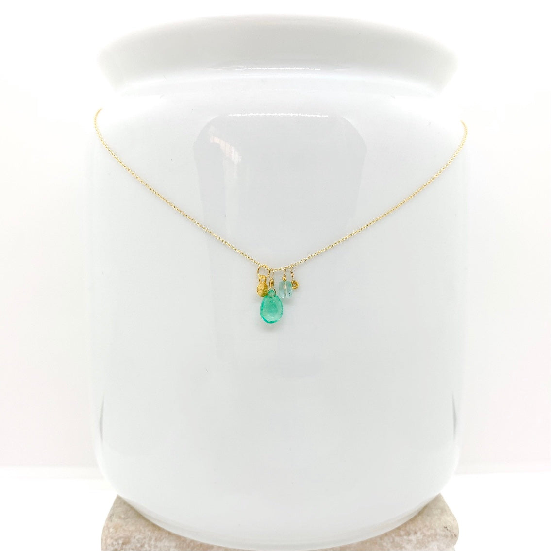 14k Gold Chain Necklace w/ 18k Gold, Emerald & Apatite