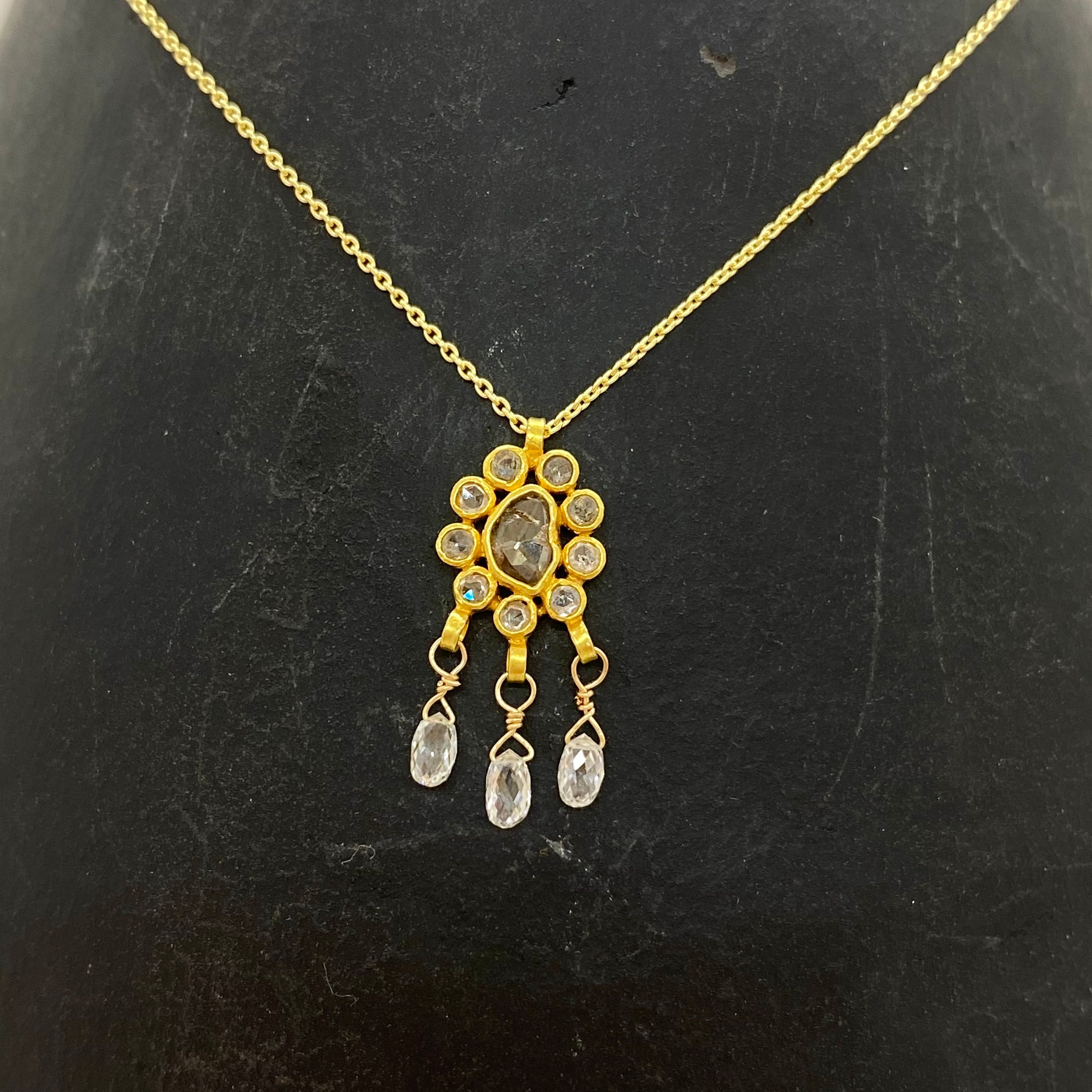 14K Gold Chain Necklace w/ 18k Gold Diamond Pendant & Diamonds