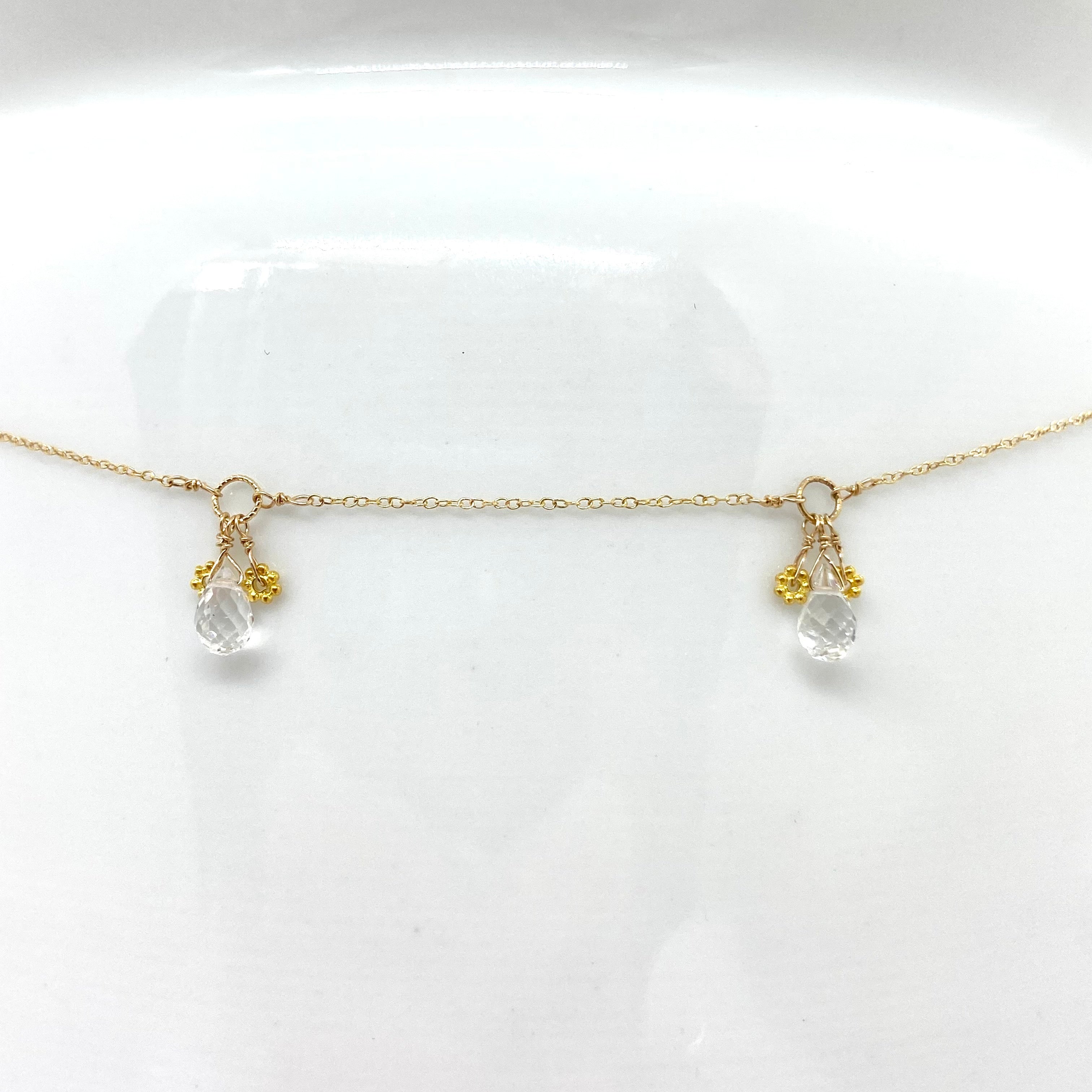 14k Gold Chain Necklace w/ Quartz & 18k Gold Daisies